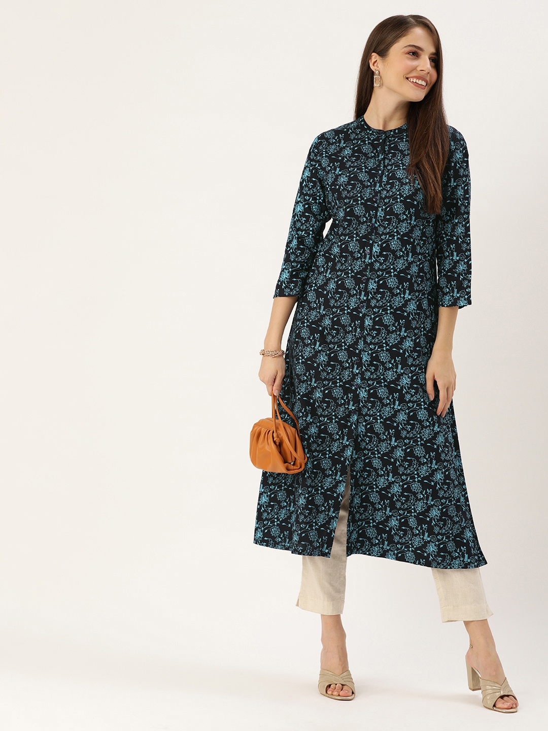 

Anouk Women Navy Blue & Green Floral Printed A-Line Kurta