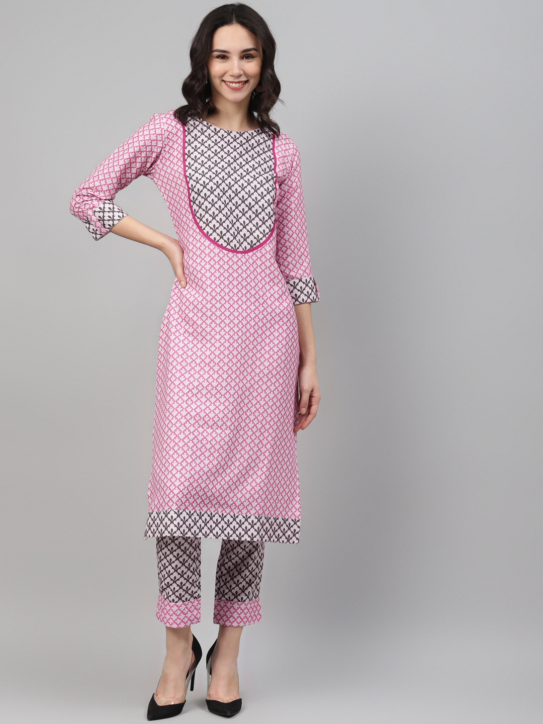 

ZIYAA Women Pink & White Printed Kurta with Trousers