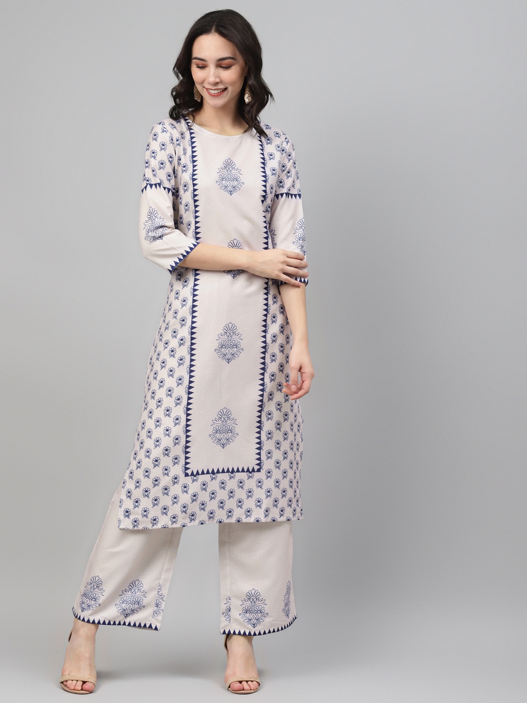 

ZIYAA Women Cream-Colored & Navy Blue Printed Kurta with Palazzos
