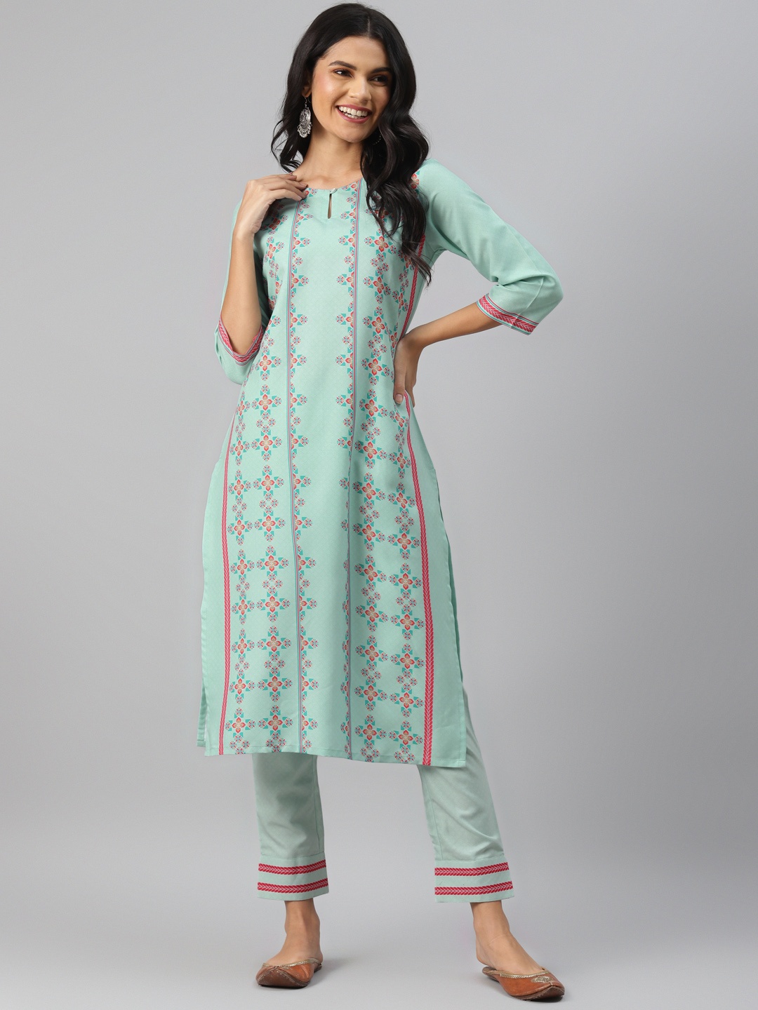 

ZIYAA Women Sea Green & Pink Printed Kurta with Trousers