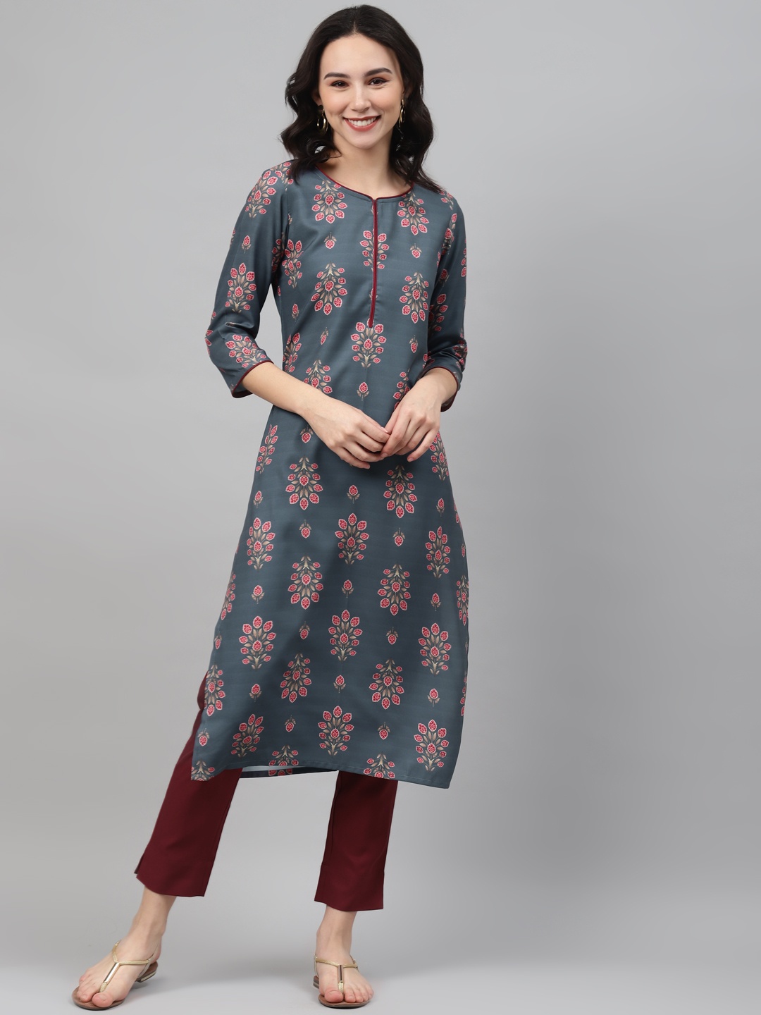 

ZIYAA Women Grey & Maroon Printed Kurta with Trousers