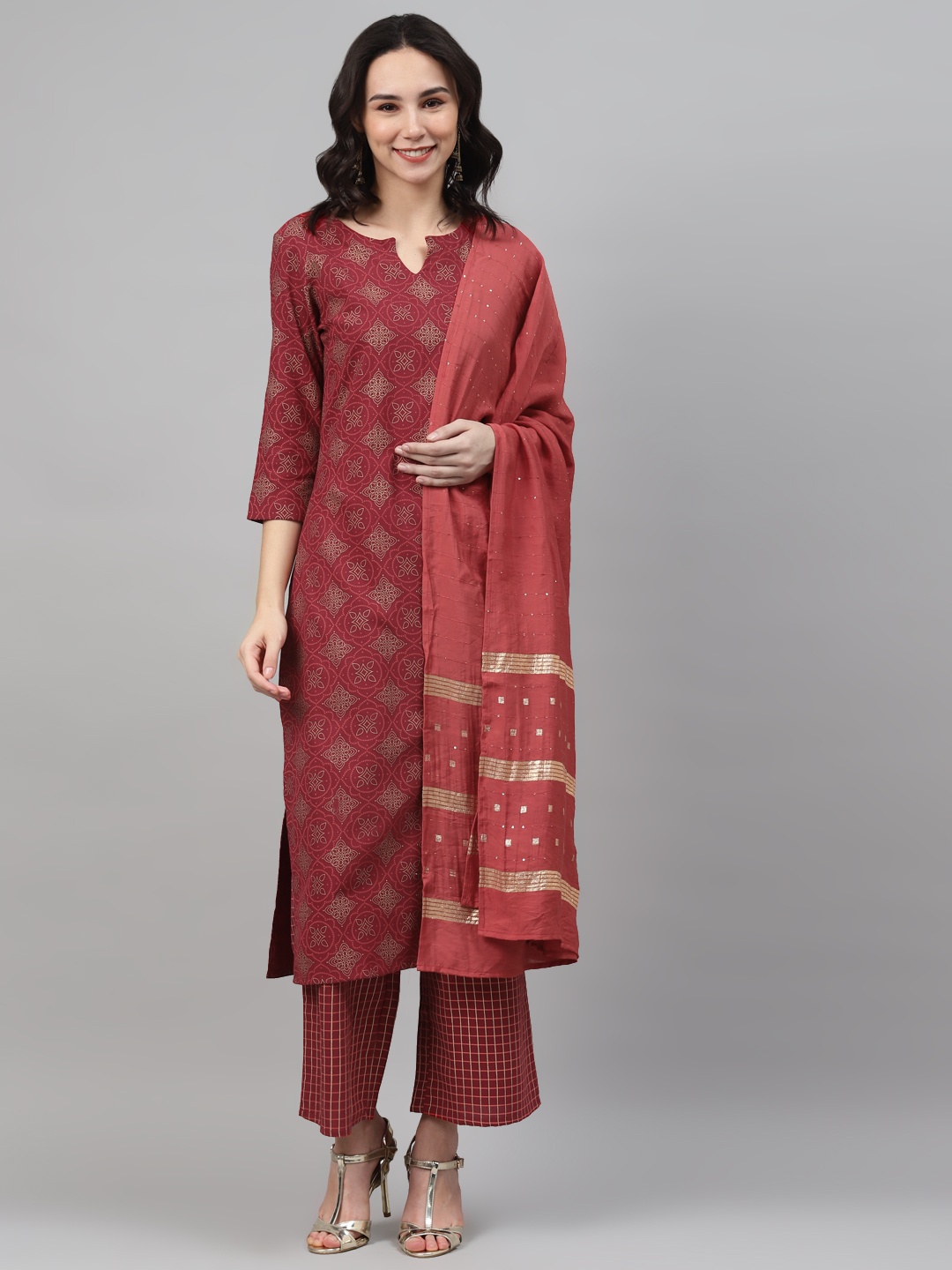 

ZIYAA Women Maroon & Golden Printed Kurta with Palazzos & Dupatta
