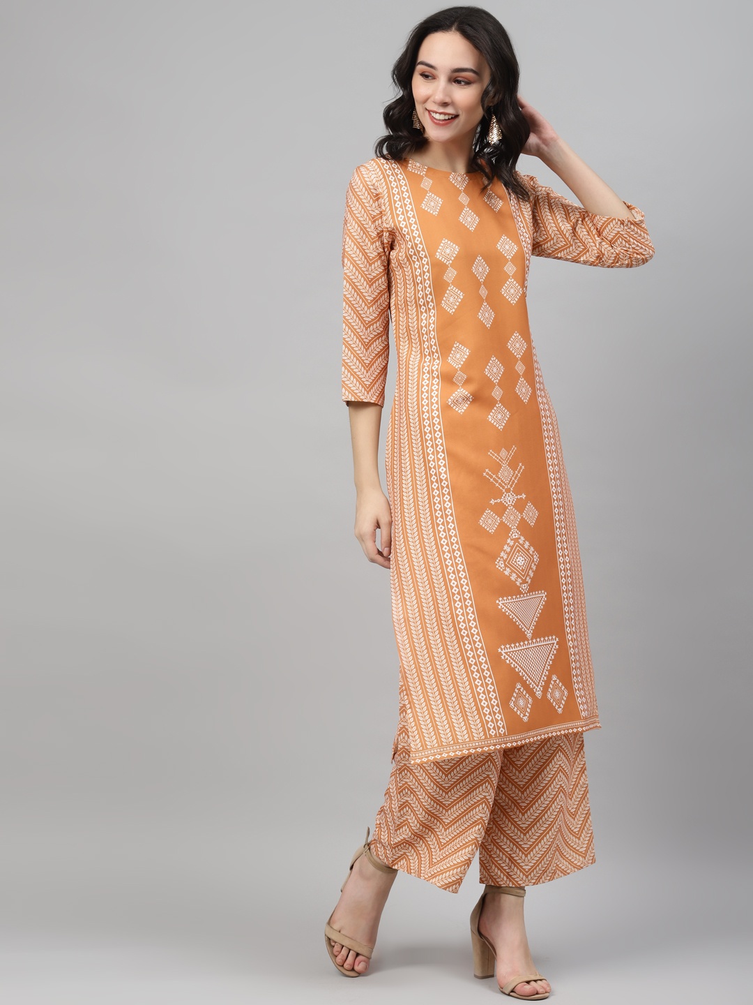 

ZIYAA Women Mustard Brown & White Printed Kurta with Palazzos