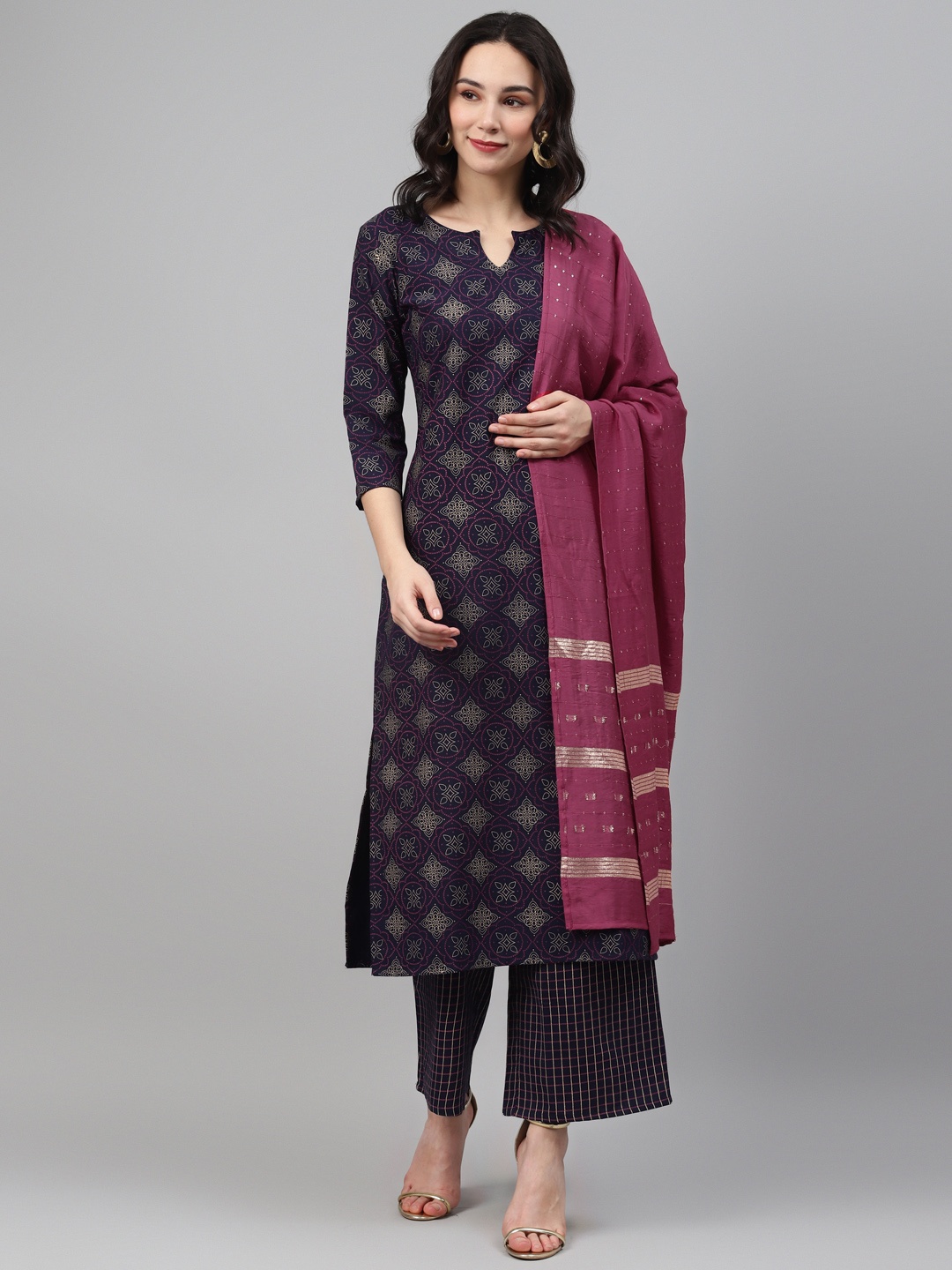 

ZIYAA Women Navy Blue & Pink Printed Kurta with Palazzos & Dupatta