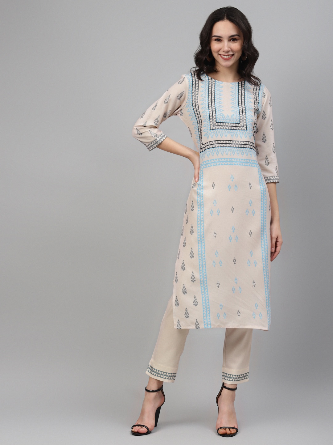 

ZIYAA Women Cream-Colored & Blue Printed Kurta with Trousers