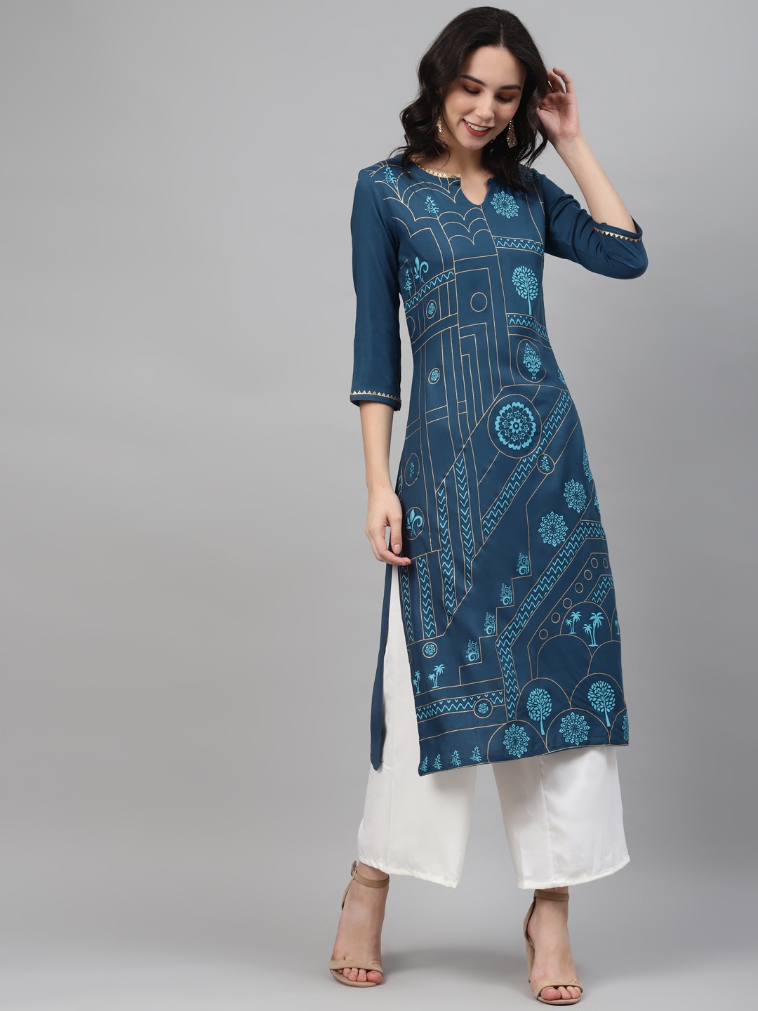 

ZIYAA Women Teal & Golden Printed Kurta with Palazzos