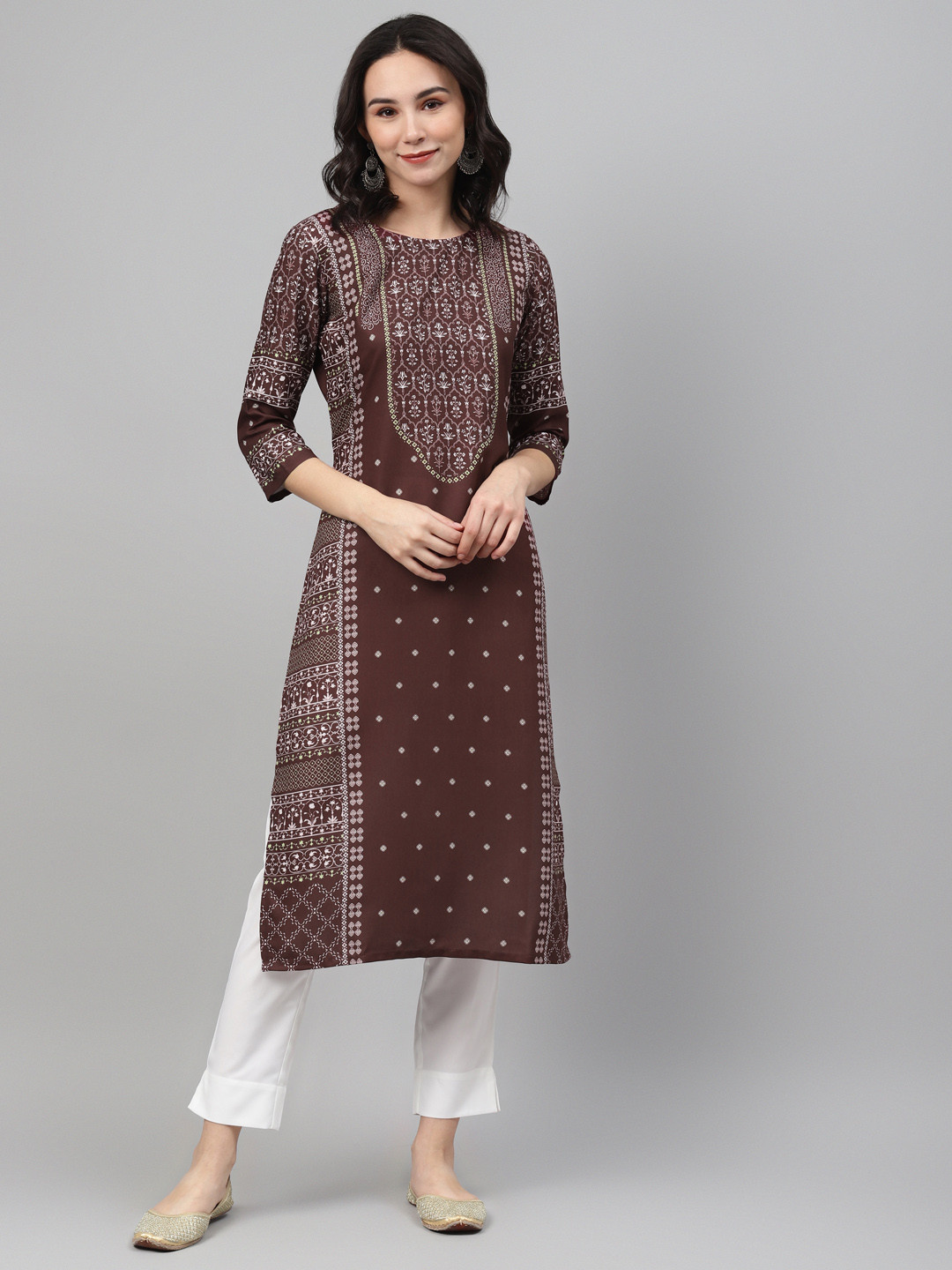 

ZIYAA Women Coffee Brown & White Printed Kurta with Trousers
