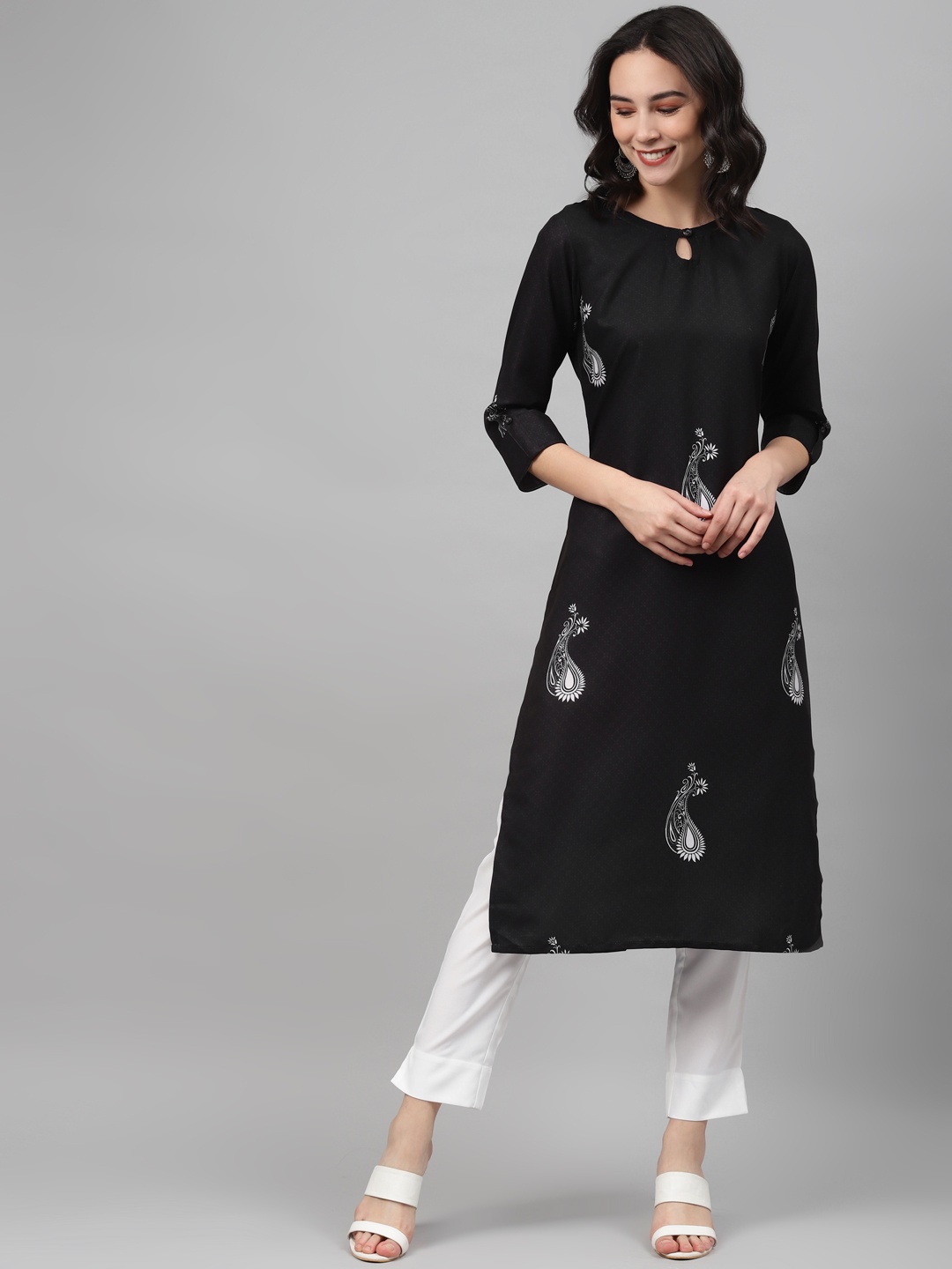 

ZIYAA Women Black & White Printed Kurta with Trousers