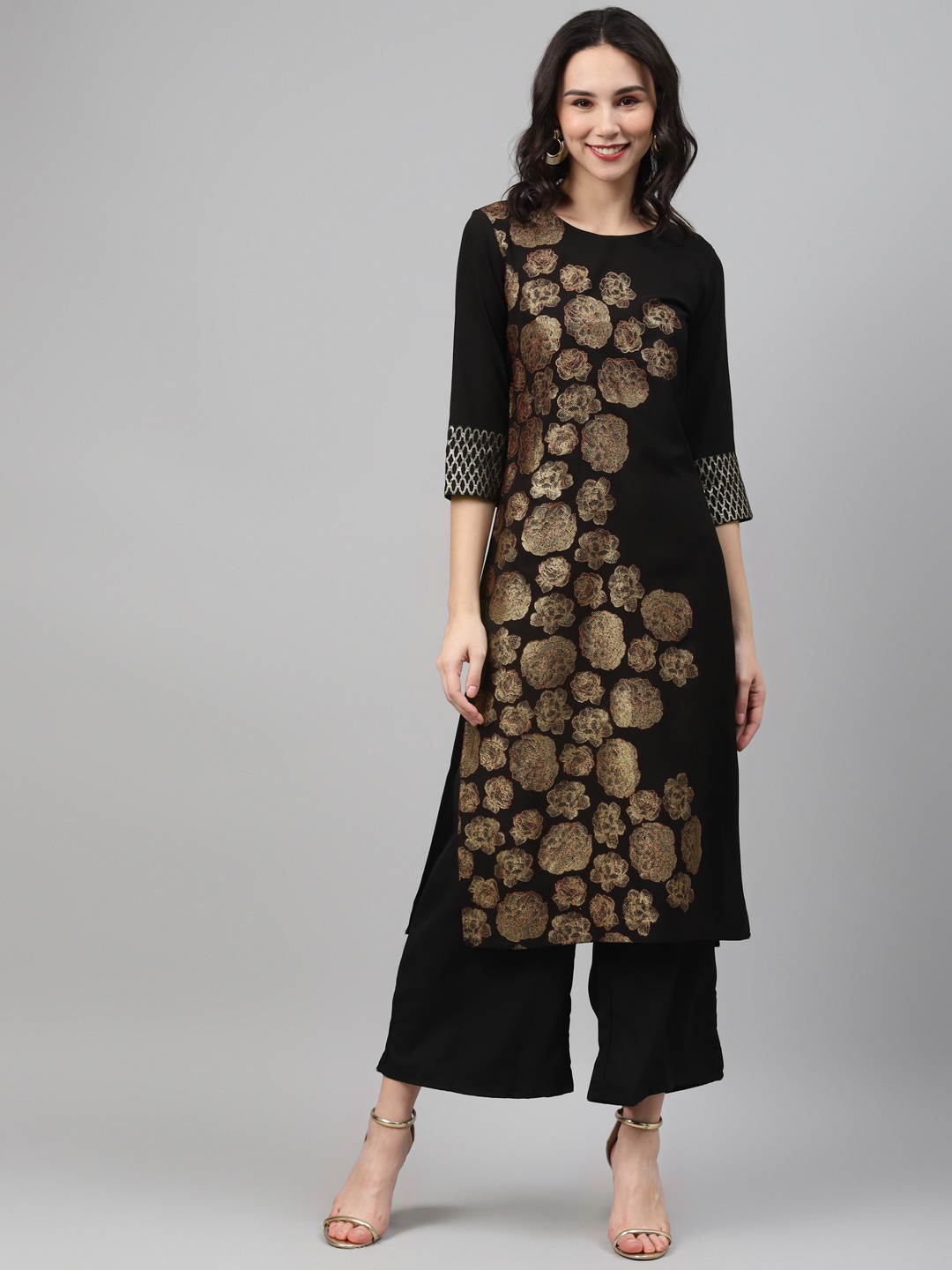 

ZIYAA Women Black & Golden Printed Kurta with Palazzos