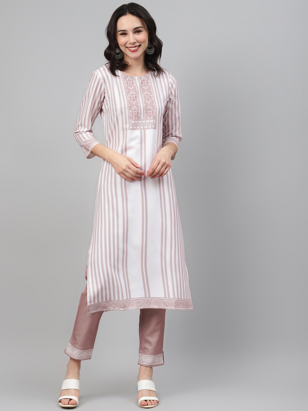 

ZIYAA Women Off-White & Mauve Striped Kurta with Trousers