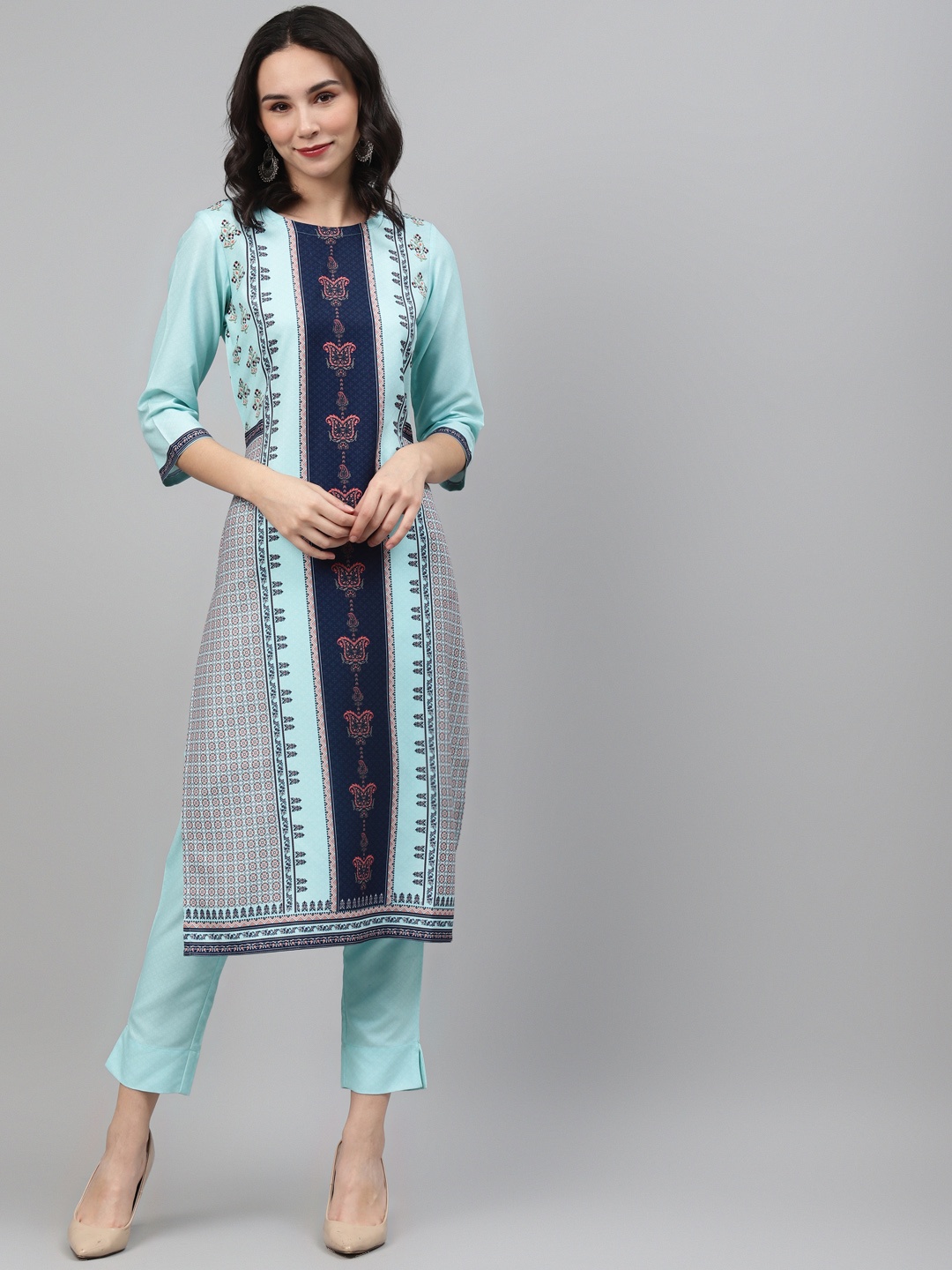 

ZIYAA Women Blue & Orange Printed Kurta with Trousers