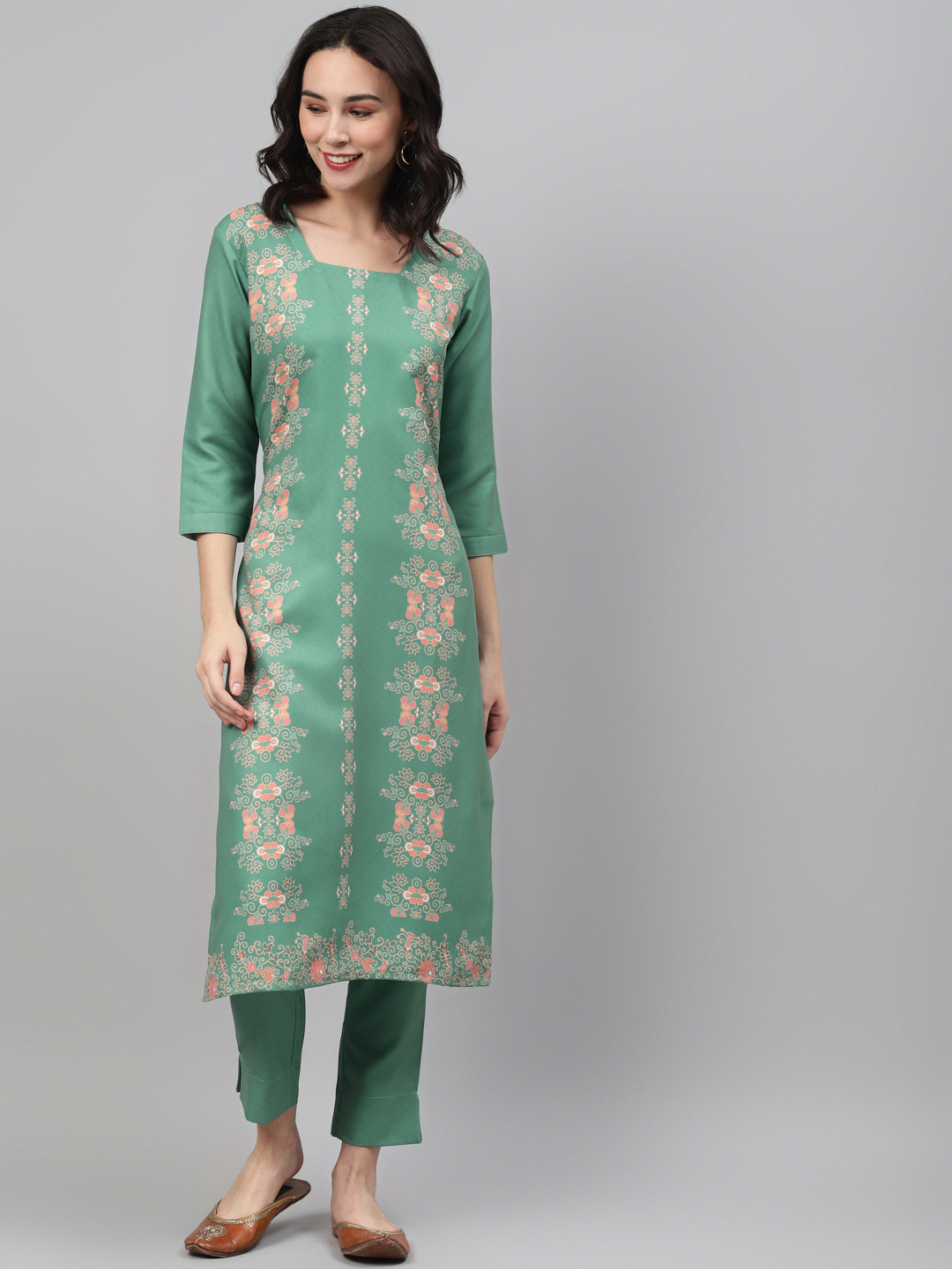 

ZIYAA Women Green & Peach-Coloured Printed Kurta with Trousers