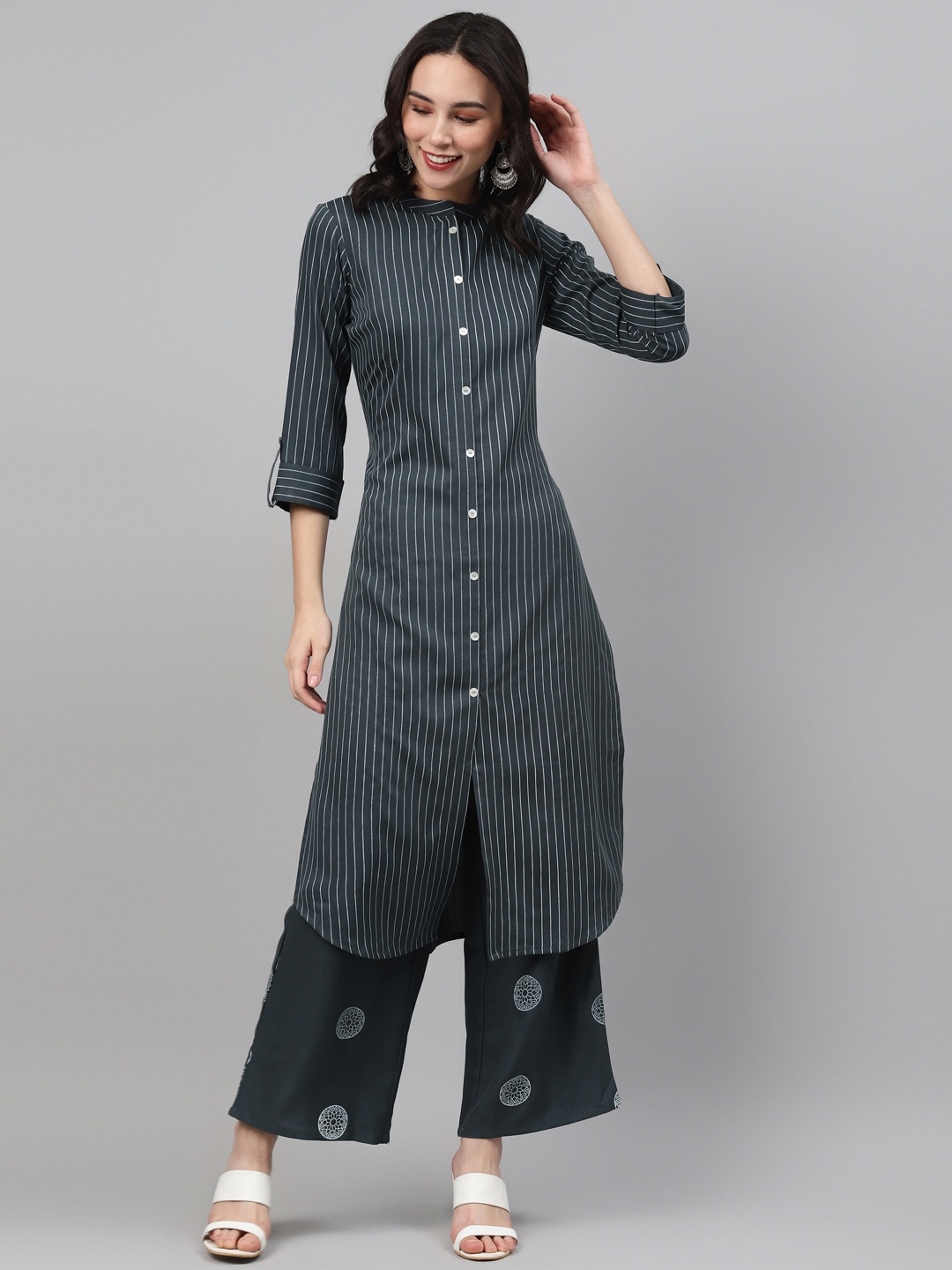 

ZIYAA Women Charcoal & White Striped Kurta with Palazzos