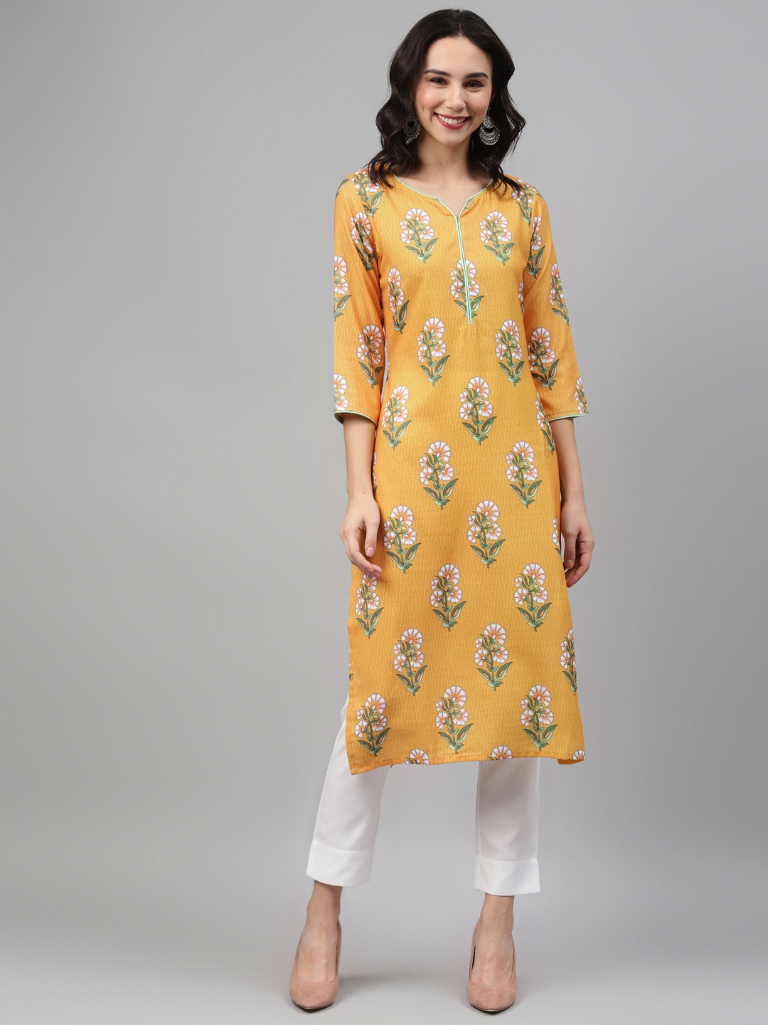 

ZIYAA Women Mustard Yellow & White Printed Kurta with Trousers
