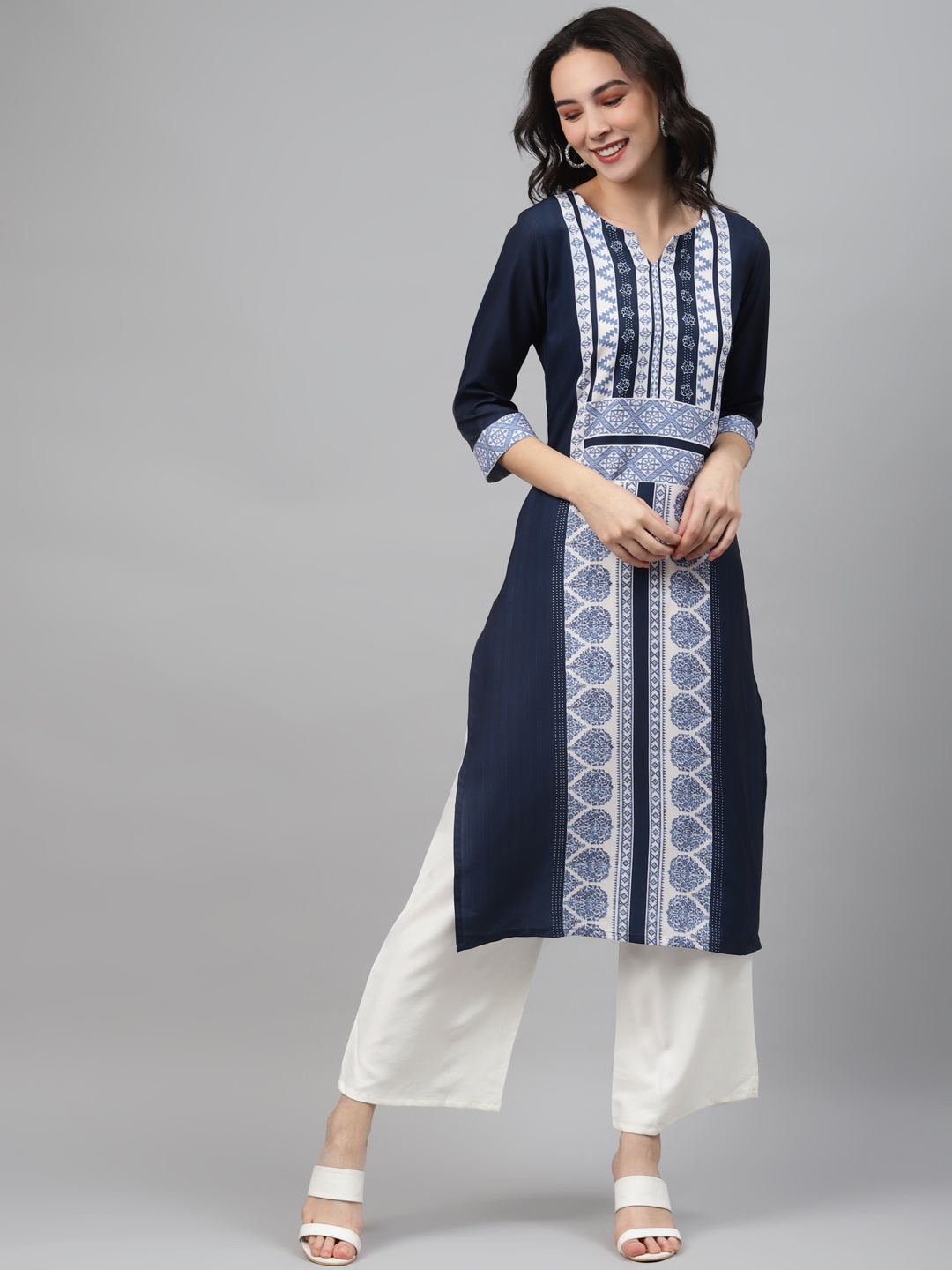 

ZIYAA Women Navy Blue & White Printed Kurta with Palazzos