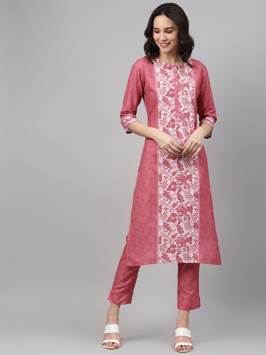 

ZIYAA Women Coral Pink Printed Kurta with Trousers