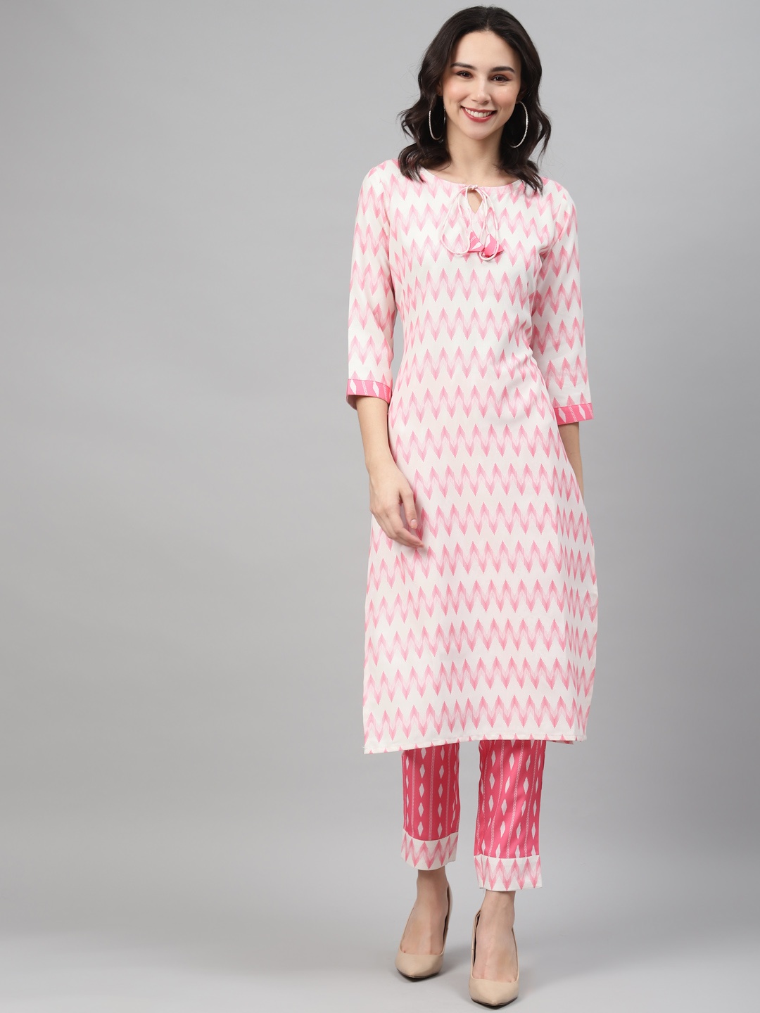 

ZIYAA Women Pink & Off-White Printed Kurta with Trousers