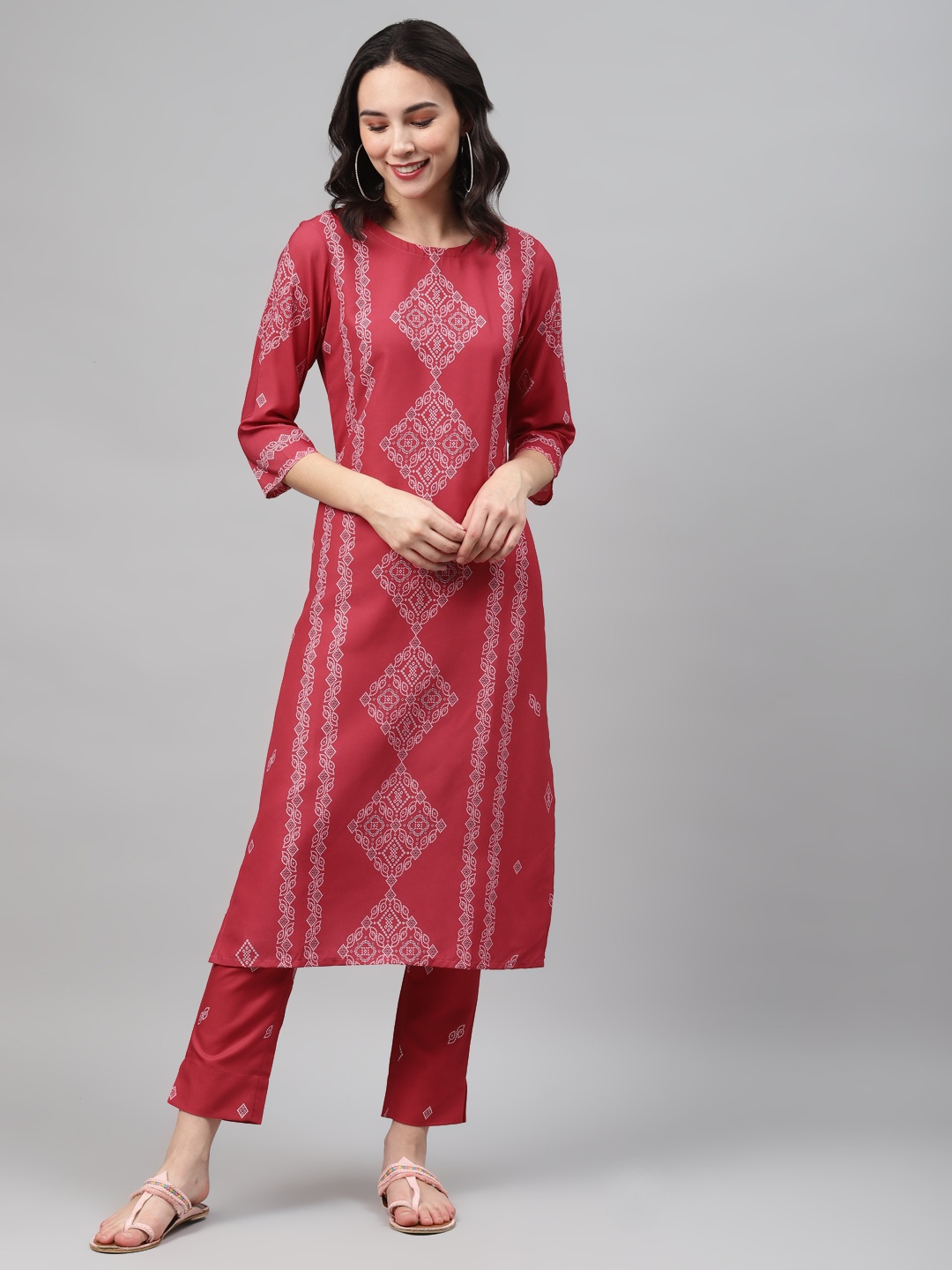 

ZIYAA Women Pink & White Printed Kurta with Trousers