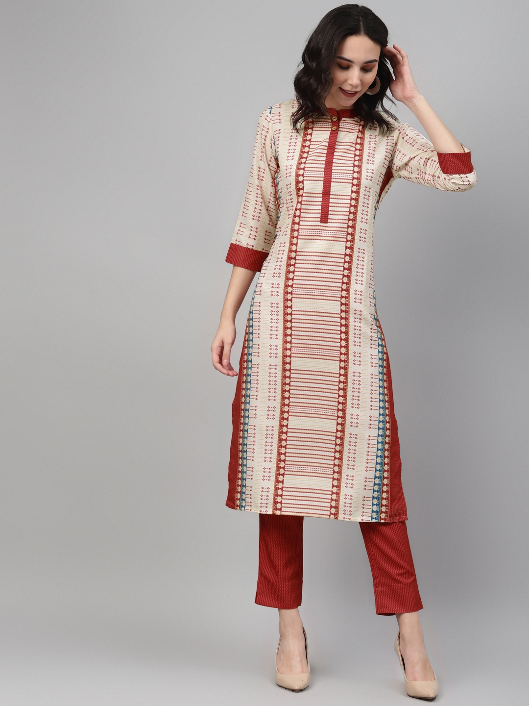 

ZIYAA Women Cream-Coloured & Red Printed Kurta with Trousers