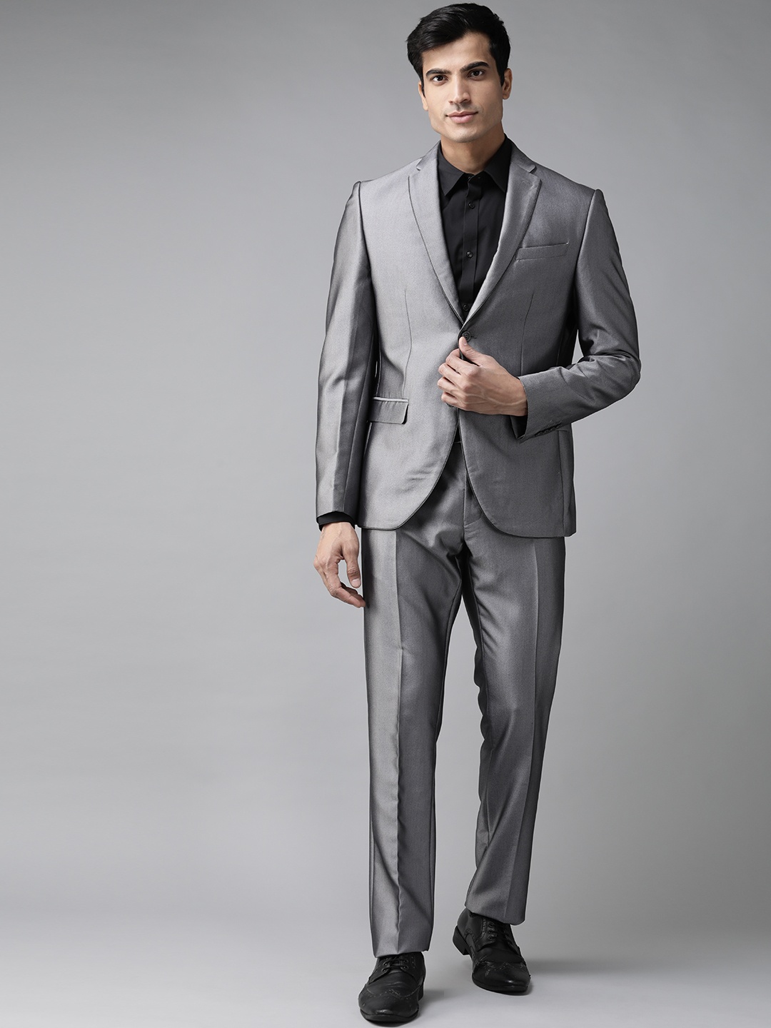 

Men Grey Self Design Slim Fit Single-Breasted 2-Piece Formal Suit