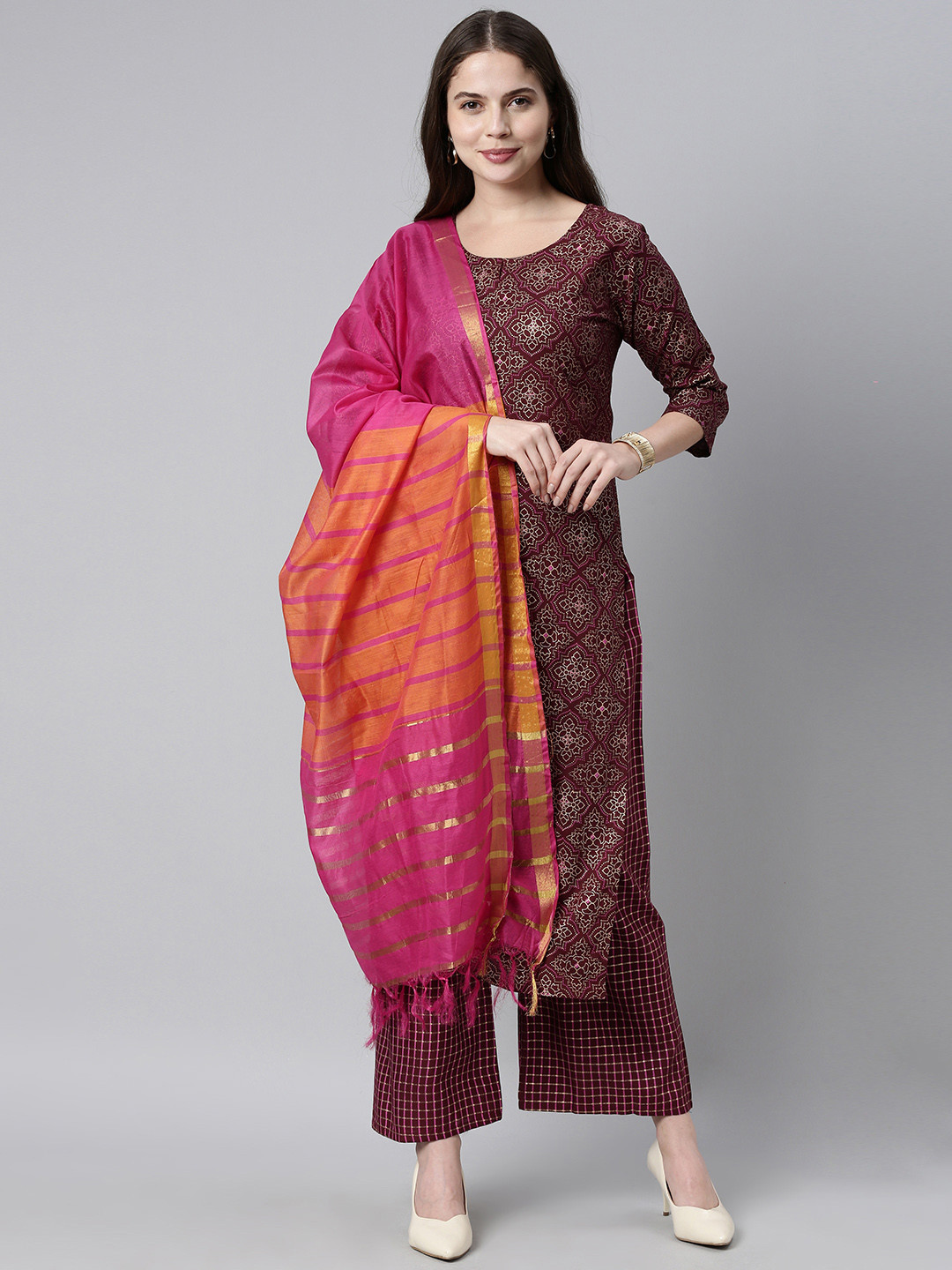 

KALINI Women Burgundy & Gold Ethnic Motifs Printed Kurta with Palazzos & With Dupatta