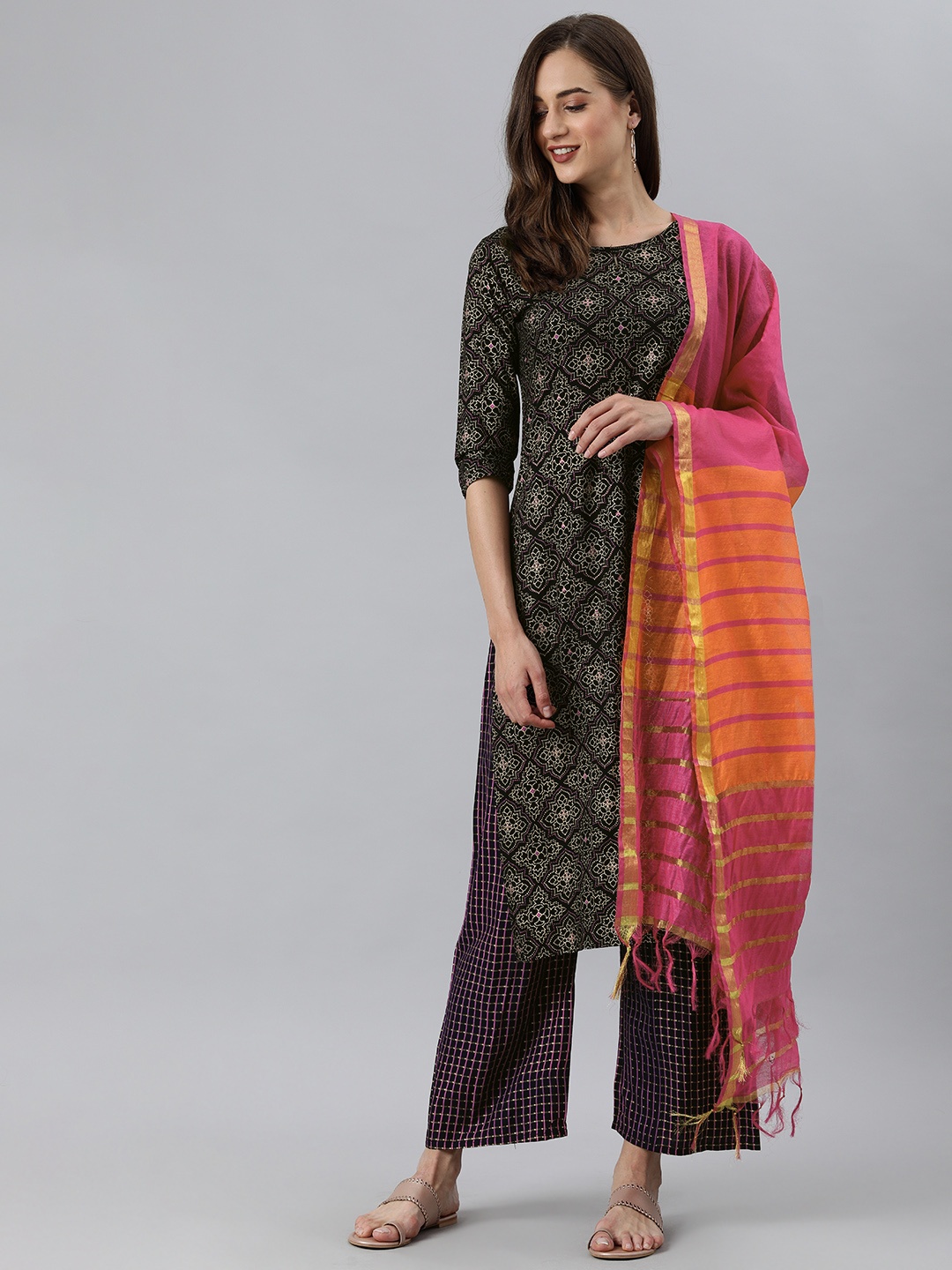 

KALINI Women Black Printed Kurta with Palazzos & With Dupatta