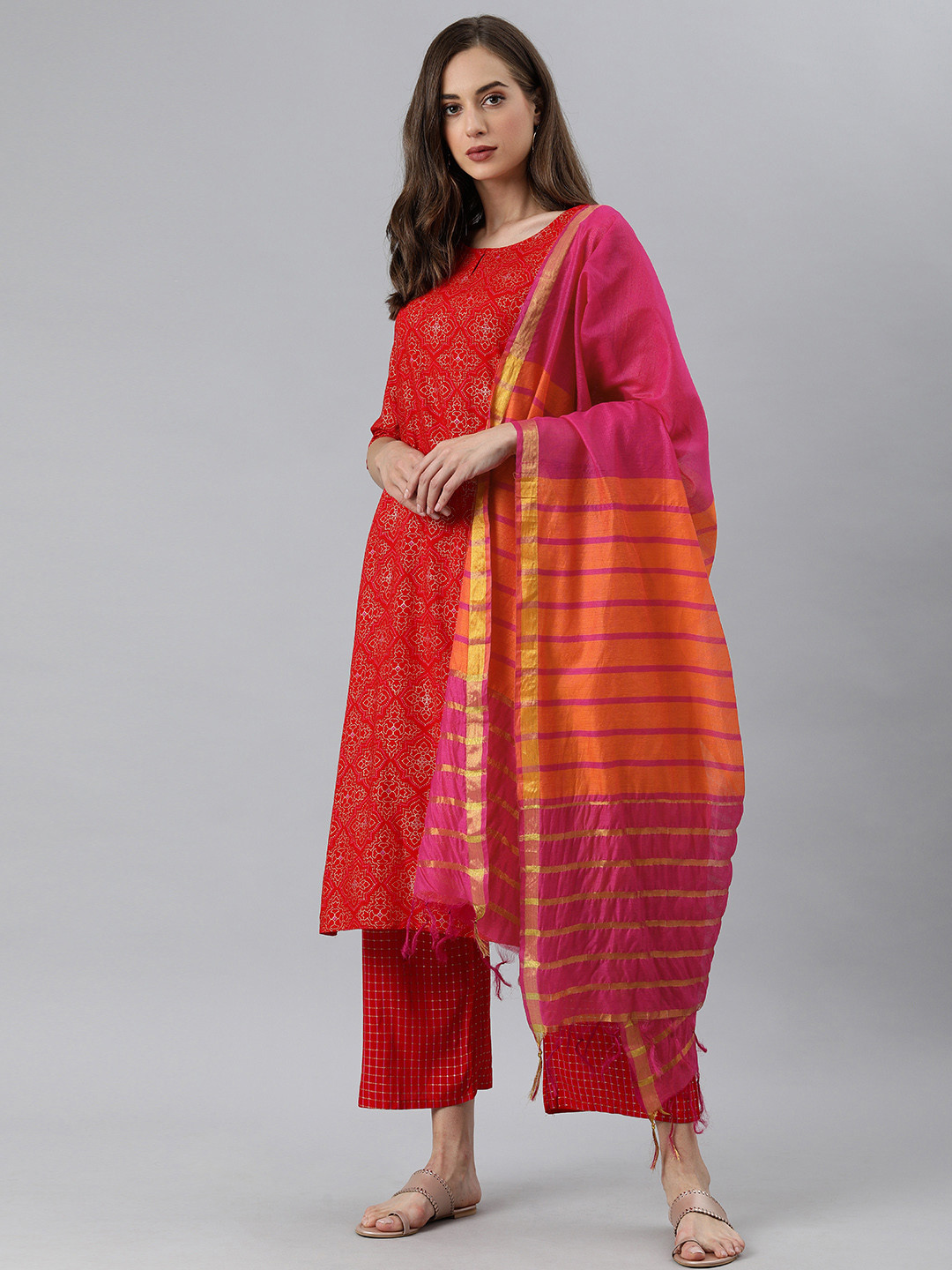 

KALINI Women Red Printed Kurta with Palazzos & With Dupatta