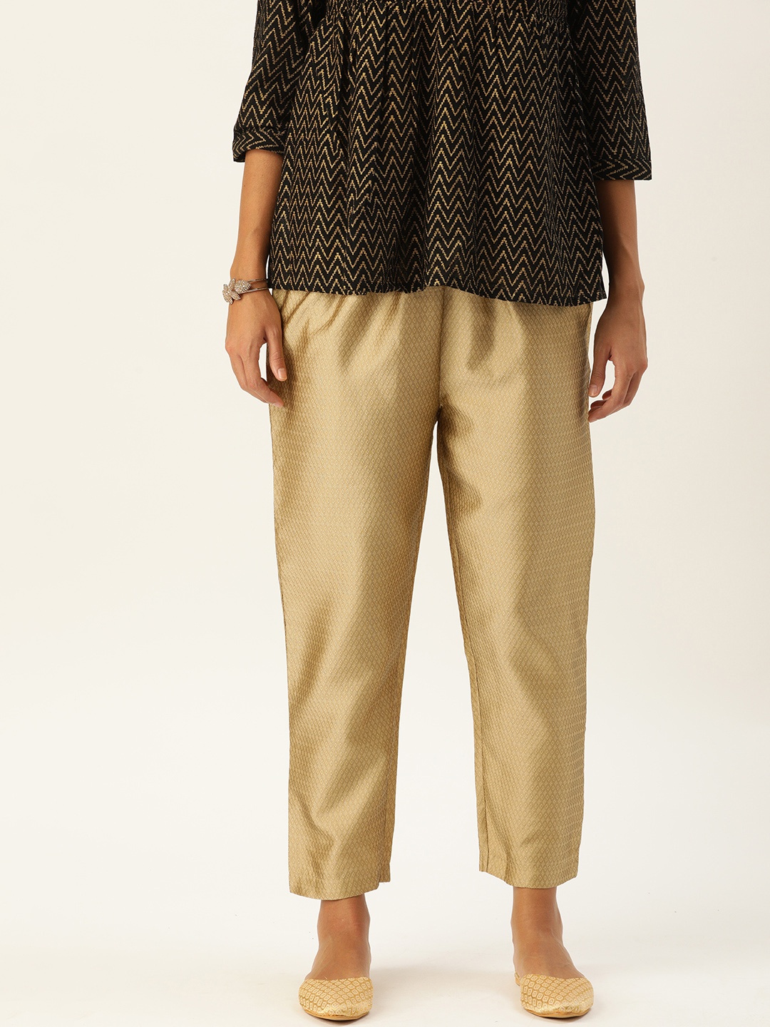 

Varanga Women Gold & Black Woven Design Regular Trousers