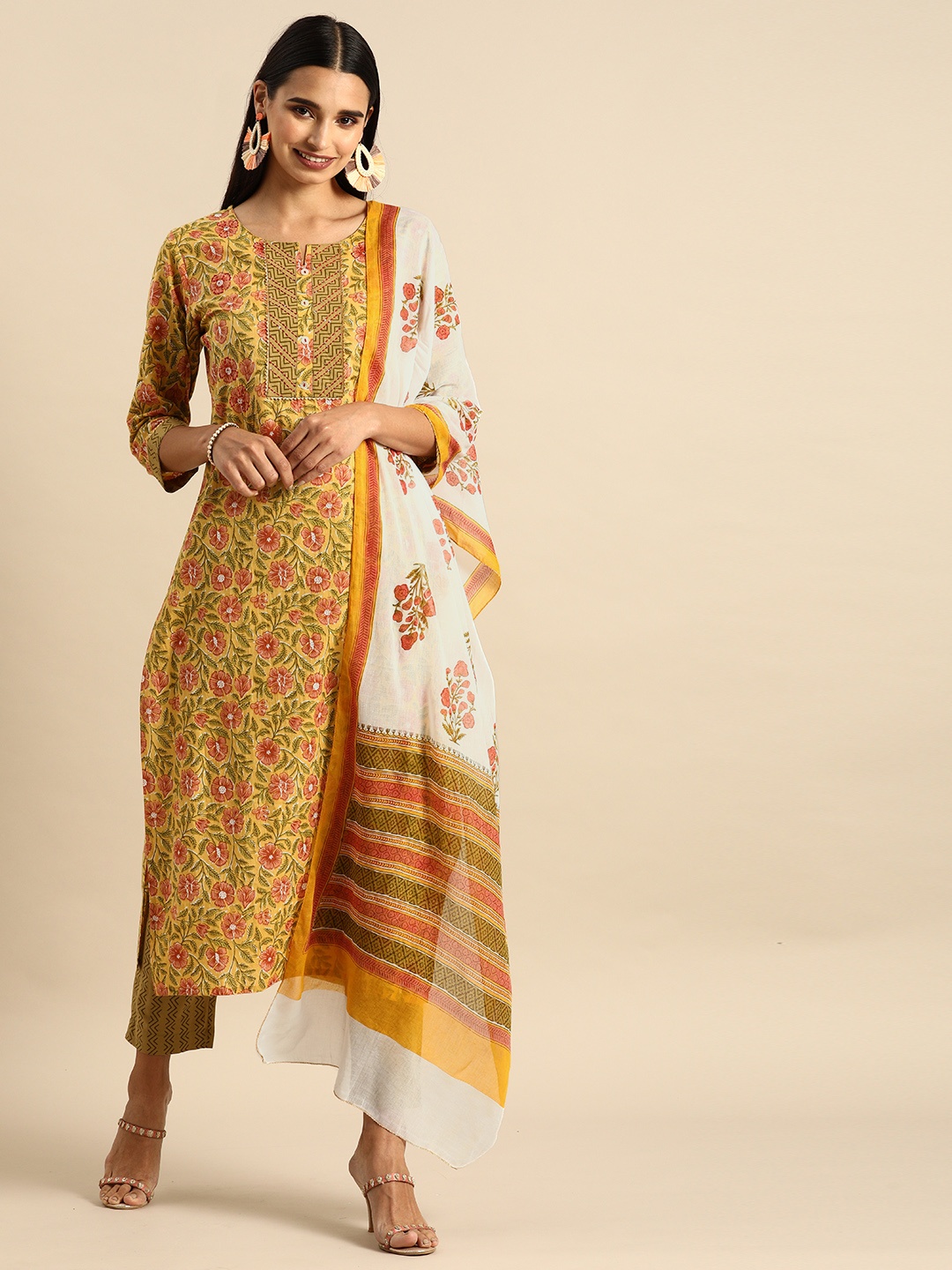 

Varanga Women Mustard Yellow & Peach-Coloured Printed Kurta with Trousers & Dupatta