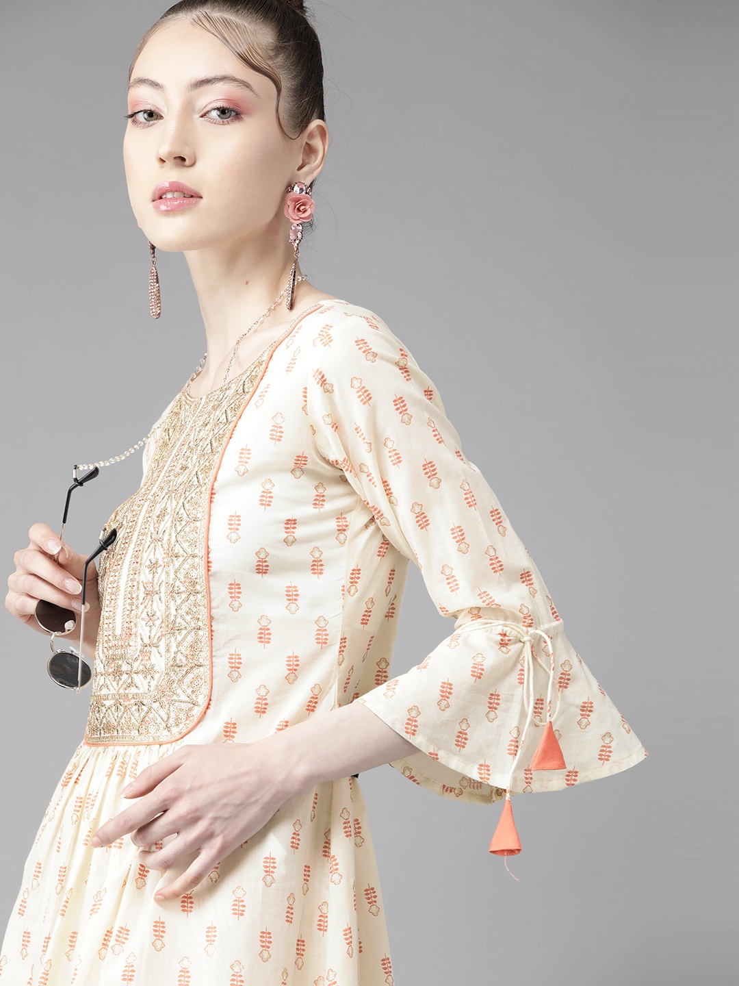 

Indo Era Off White & Red Pure Cotton Ethnic A-Line Dress