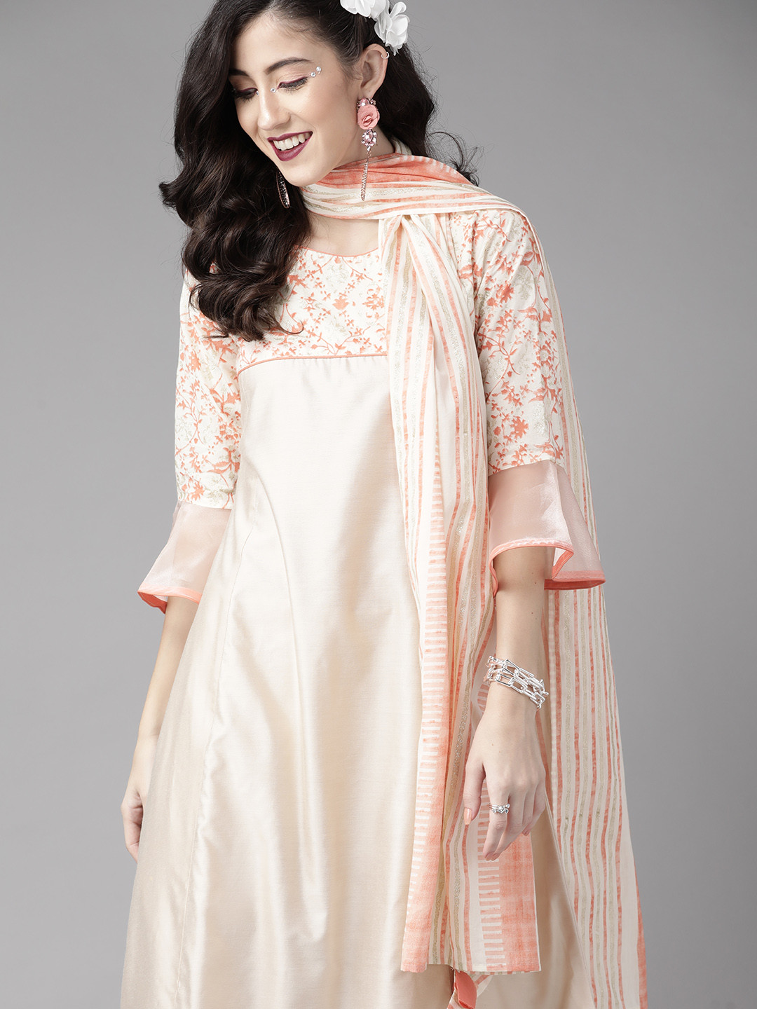 

Indo Era Women Off White & Orange Motifs Yoke Design A-line Kurta with Palazzos & Dupatta