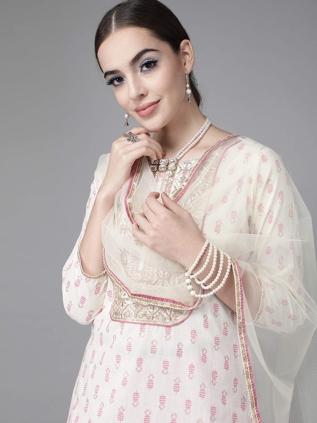 

Indo Era Gorgeous Off-White And Pink Yoke Design Kurta Set