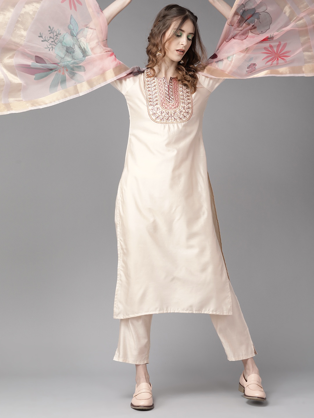 

Indo Era Women Yoke Design Straight Kurta and Palazzo With Dupatta, Beige