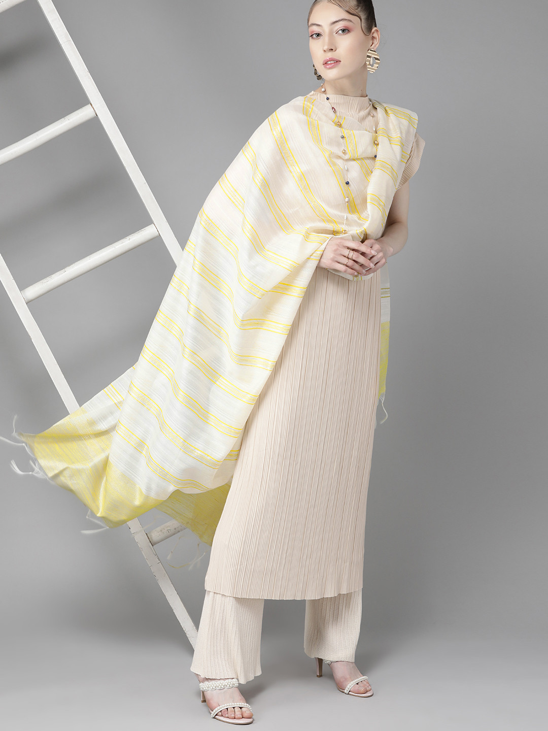 

Indo Era Classic Off White and Yellow Striped Dupatta