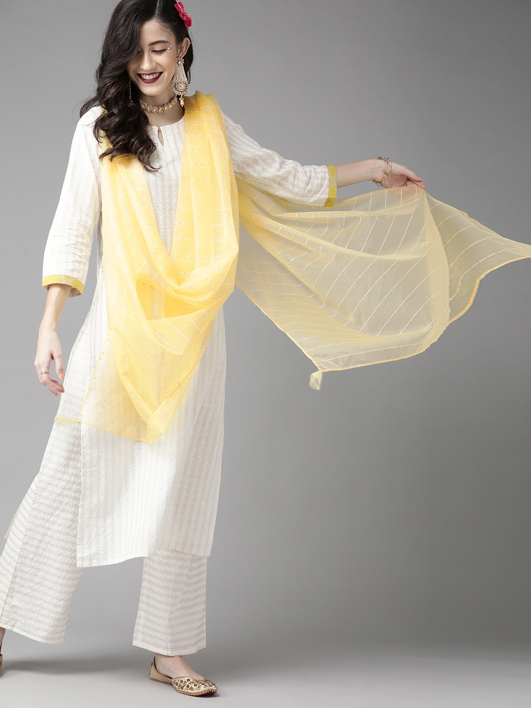 

Indo Era Women White & Silver Striped Sequinned Pure Cotton Kurta with Palazzos & Dupatta