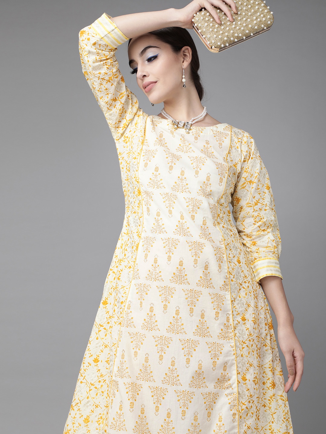 

Indo Era Classic Off White And Mustard Printed Kurta Set