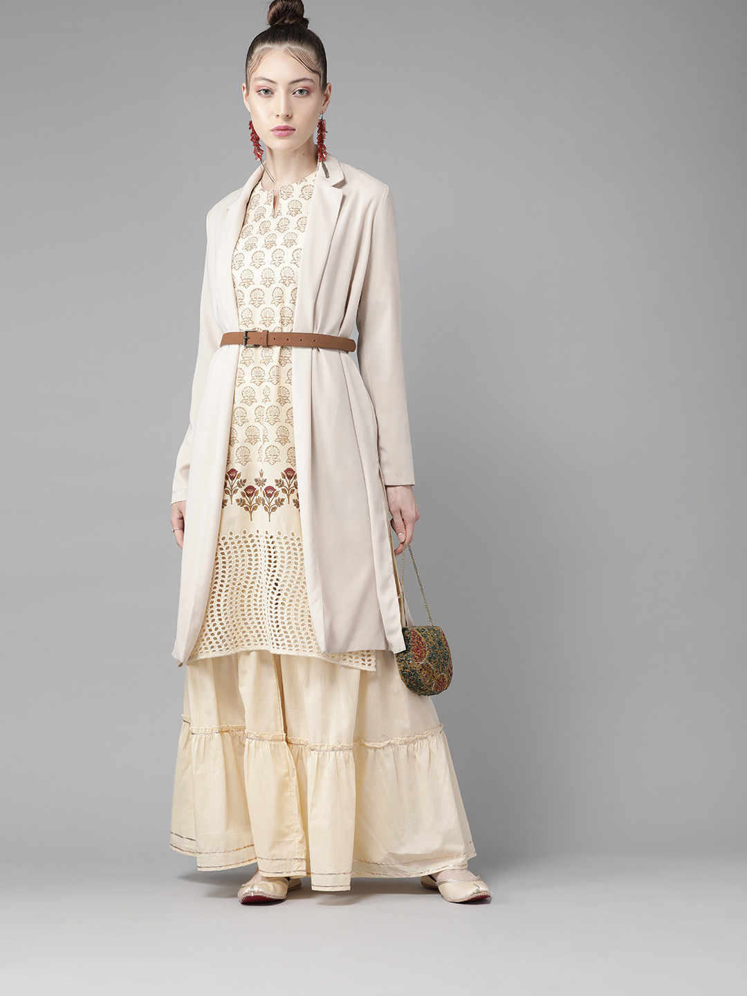 

Indo Era Women Cream-Coloured Floral Printed Pure Cotton Kurta with Sharara