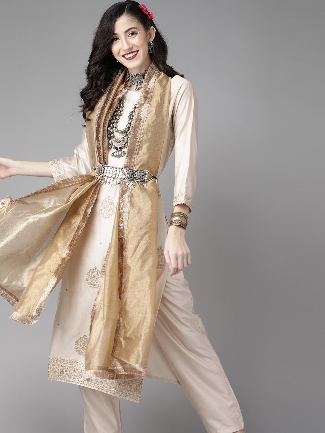 

Indo Era Women Off White & Golden Motifs Embroidered Liva Kurta with Trousers & Dupatta