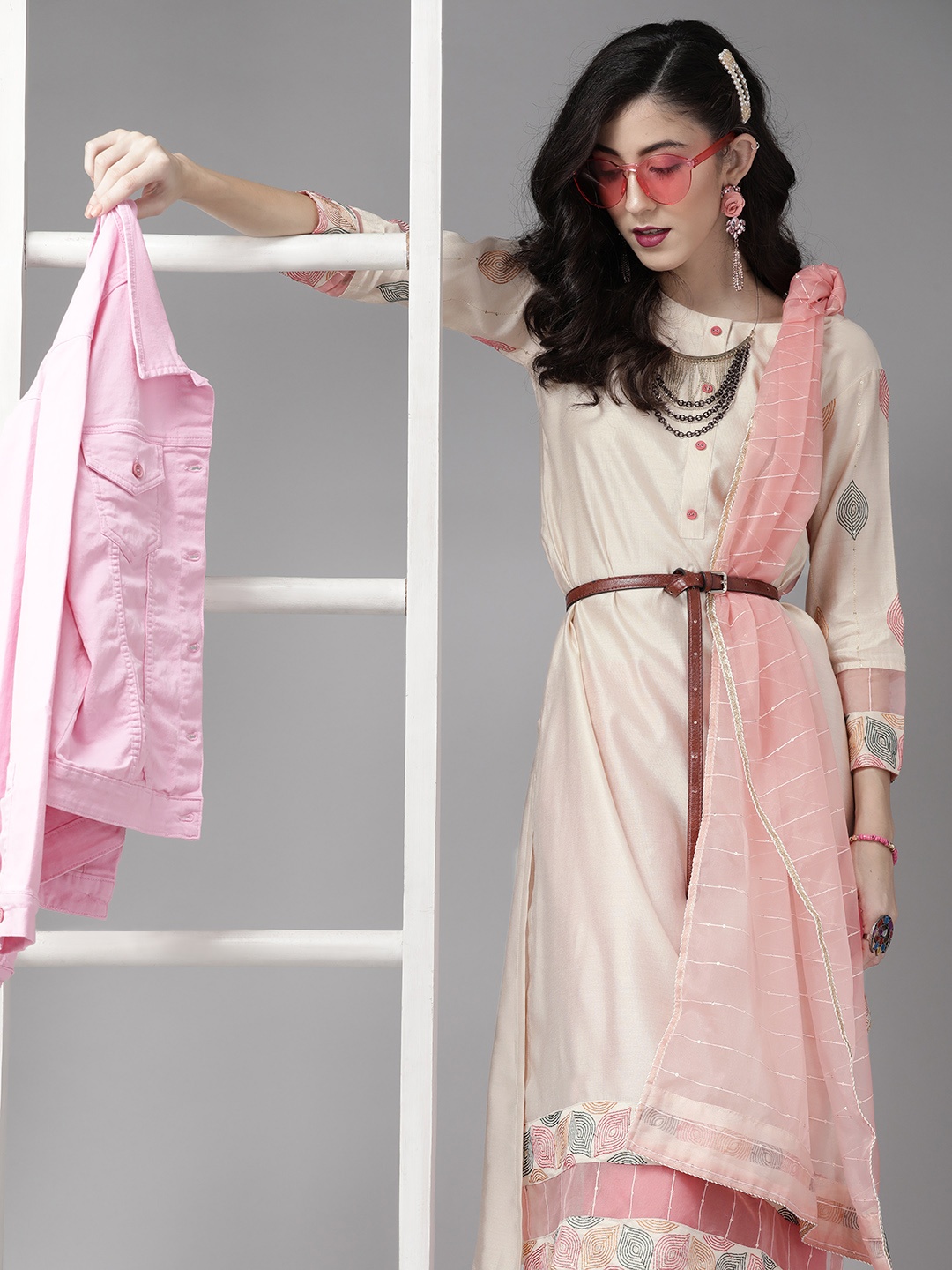 

Indo Era Creamy Off White Solid Kurta Set