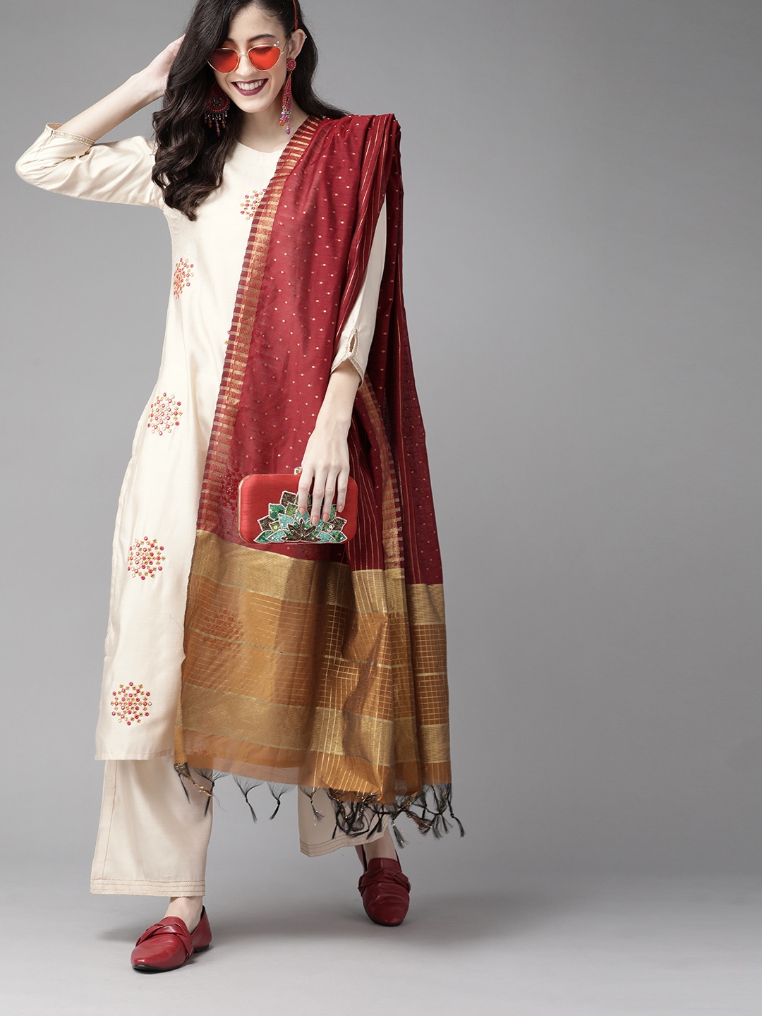 

Indo Era Women Off White & Pink Motifs cStraight Kurta with Trousers & Dupatta