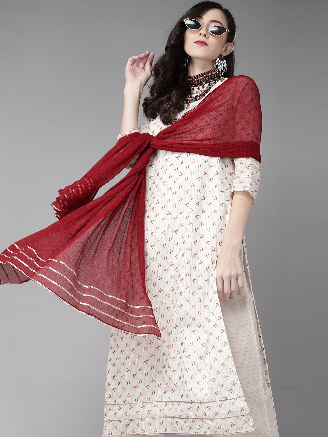 

Indo Era Rich Off White And Maroon Printed Kurta Set