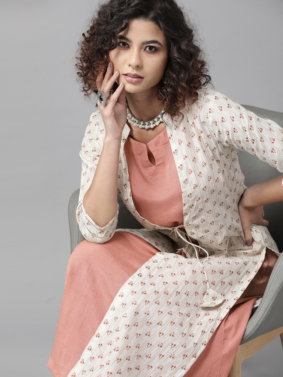 

Indo Era Pink Layered Pure Cotton Ethnic A-Line Dress With Ethnic Jacket