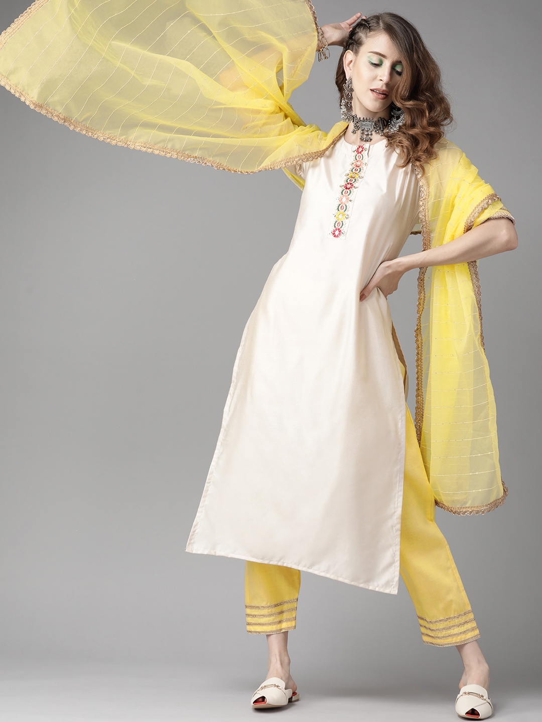 

Indo Era Women Off White & Yellow Thread Work Liva Kurta with Palazzos & Dupatta