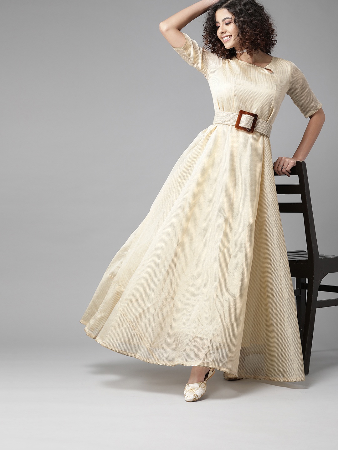 

Indo Era Cream-Coloured & Golden Striped Keyhole Neck Ethnic Maxi Dress