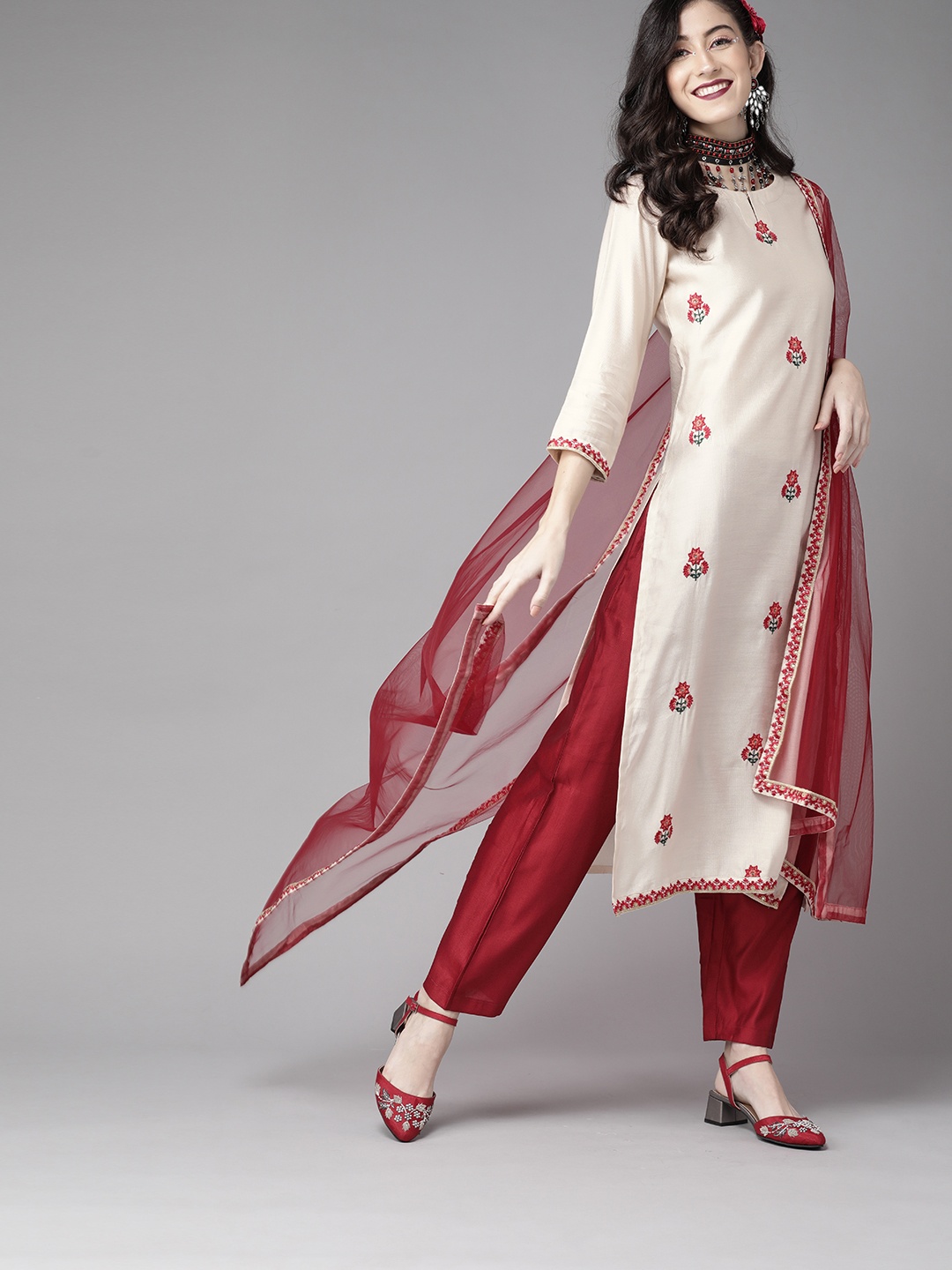 

Indo Era Women Off White Ethnic Motifs Embroidered Liva Kurta with Palazzos & Dupatta