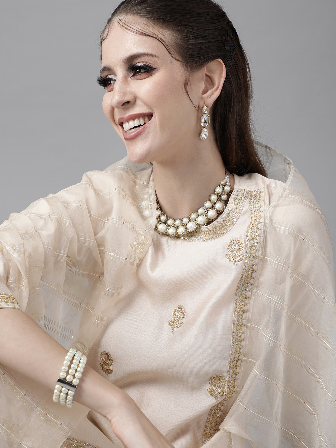 

Indo Era Tranquil Off White And Beige Embroidered Kurta Set