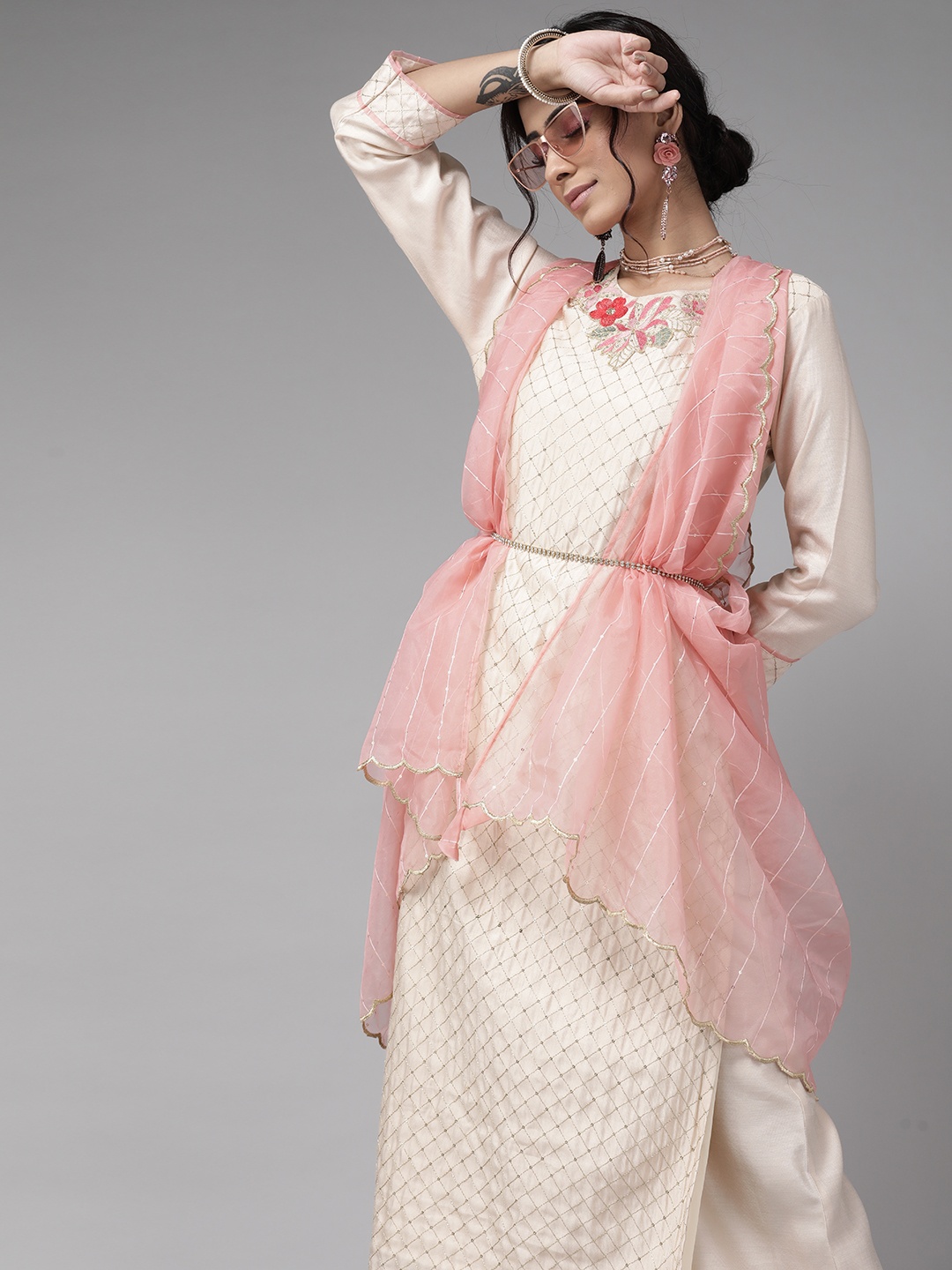 

Indo Era Calm Beige And Pink Embroidered Kurta Set