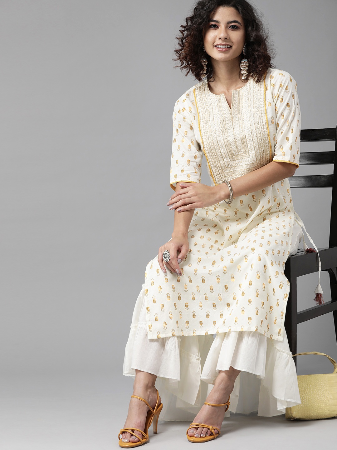 

Indo Era Deep Off White And Gold Printed Kurta Set