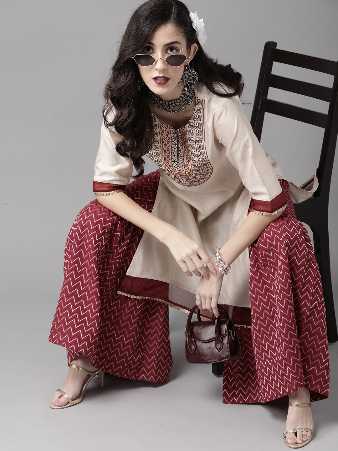 

Indo Era Women Off White & Maroon Ethnic Motifs Embroidered Liva Kurta with Sharara
