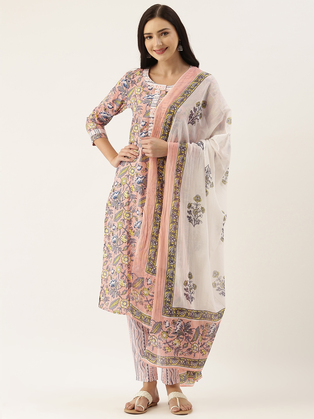 

Saanjh Women Peach-Coloured & White Printed Kurta with Trousers & Dupatta